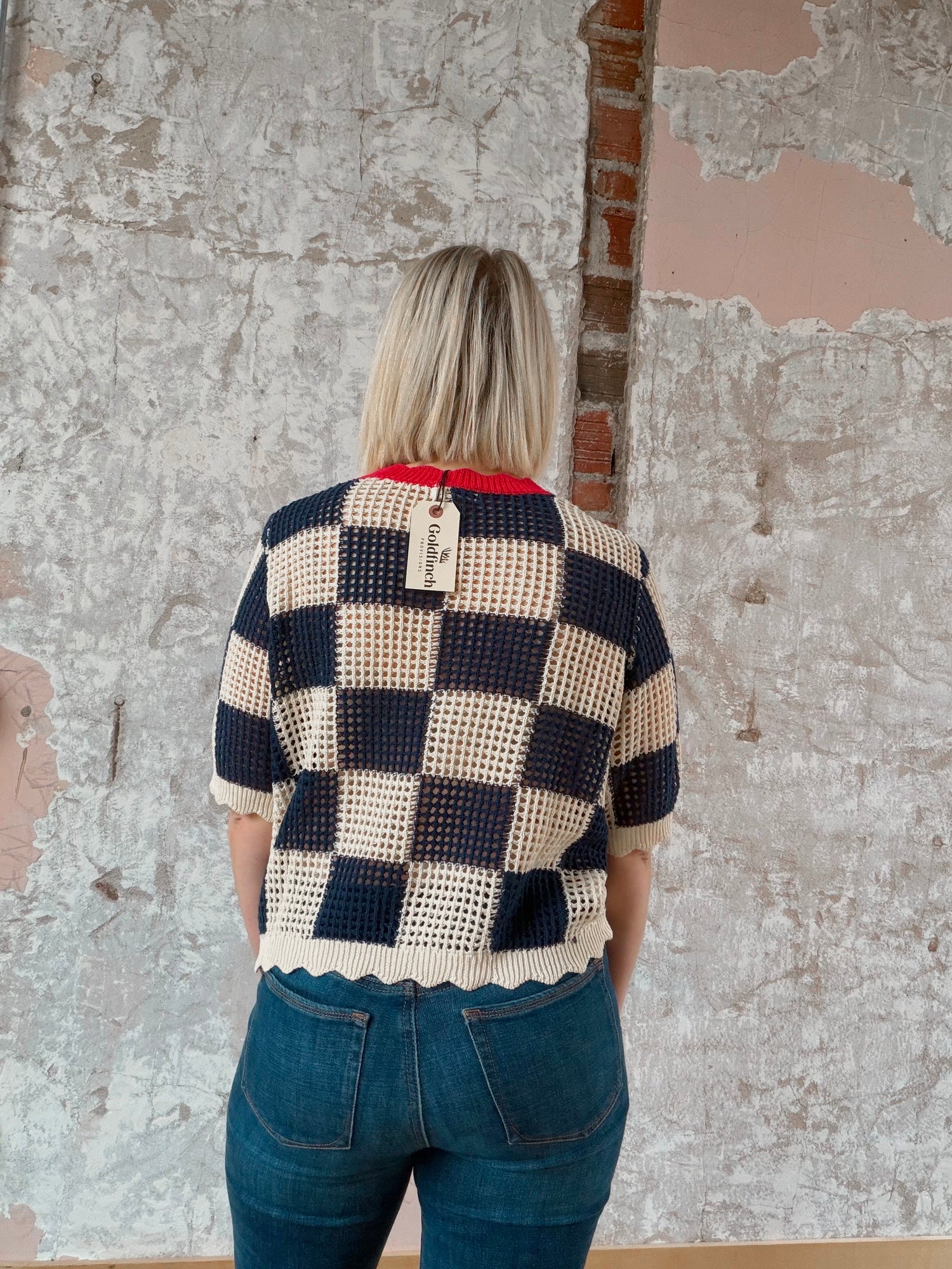 Short Sleeve Knit Checkered Top (extended sizing)