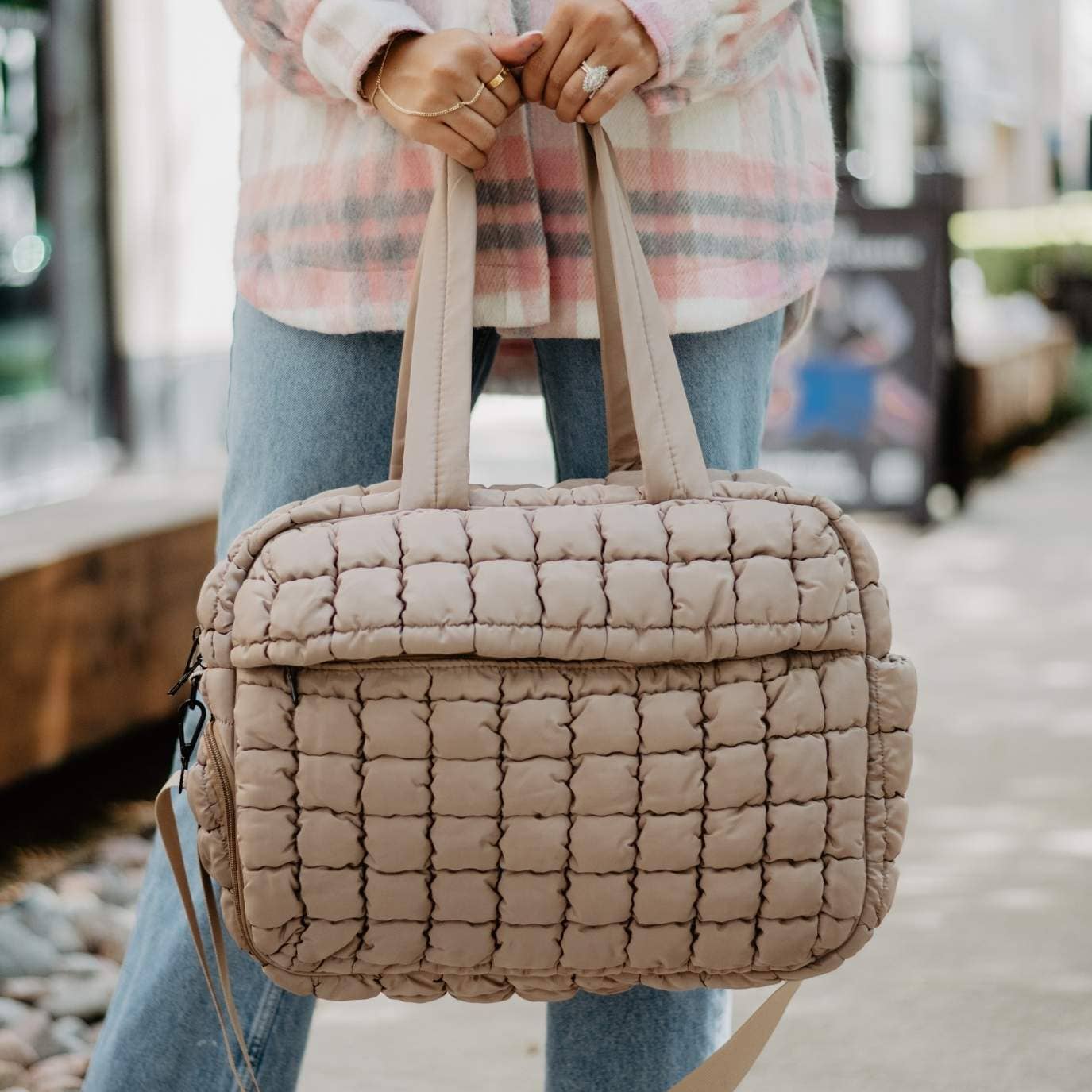 Tan Quilted Duffel Weekender Bag w/ Pass-Thru Slip
