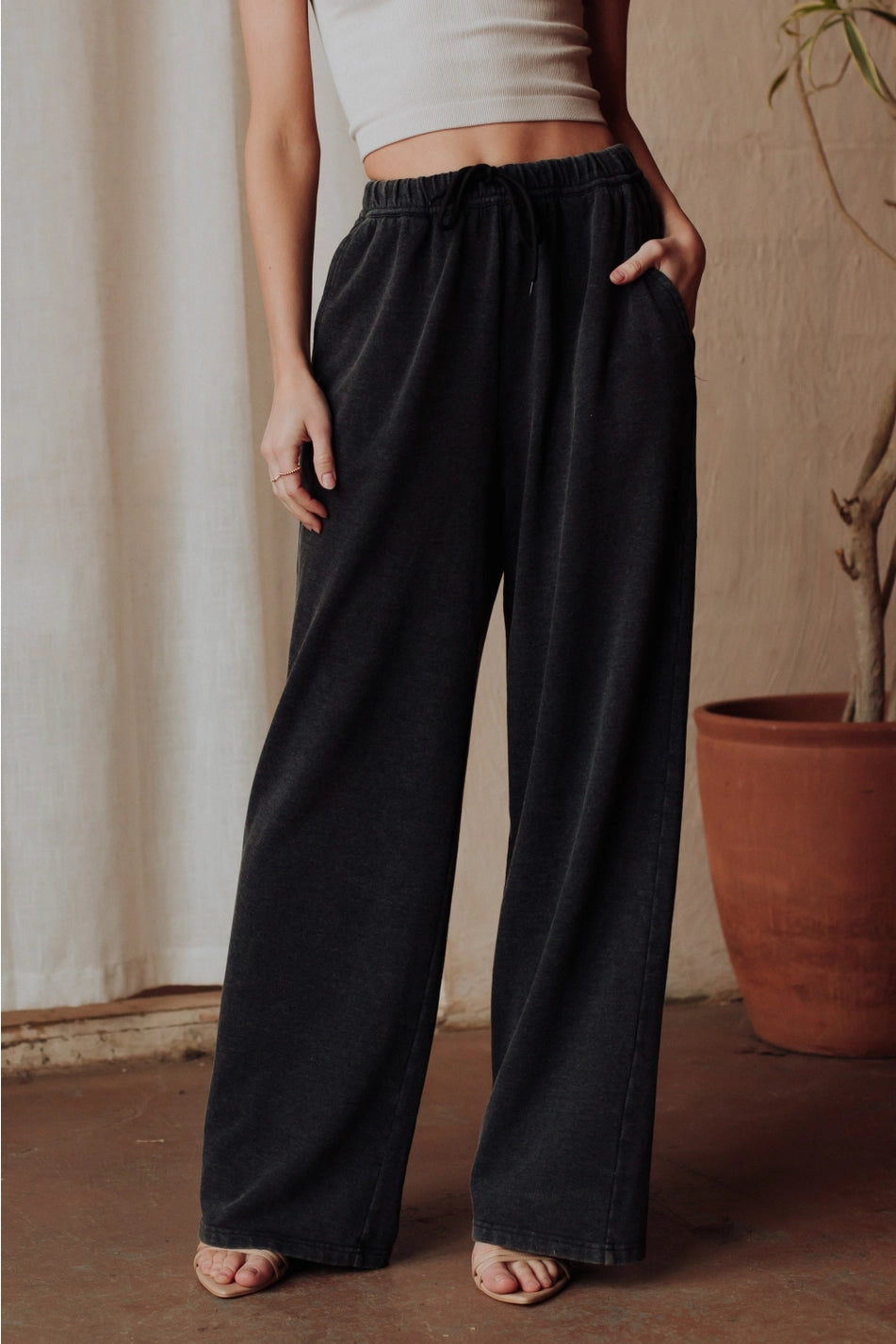 Black Washed Soft Button Up & Sweatpants Set
