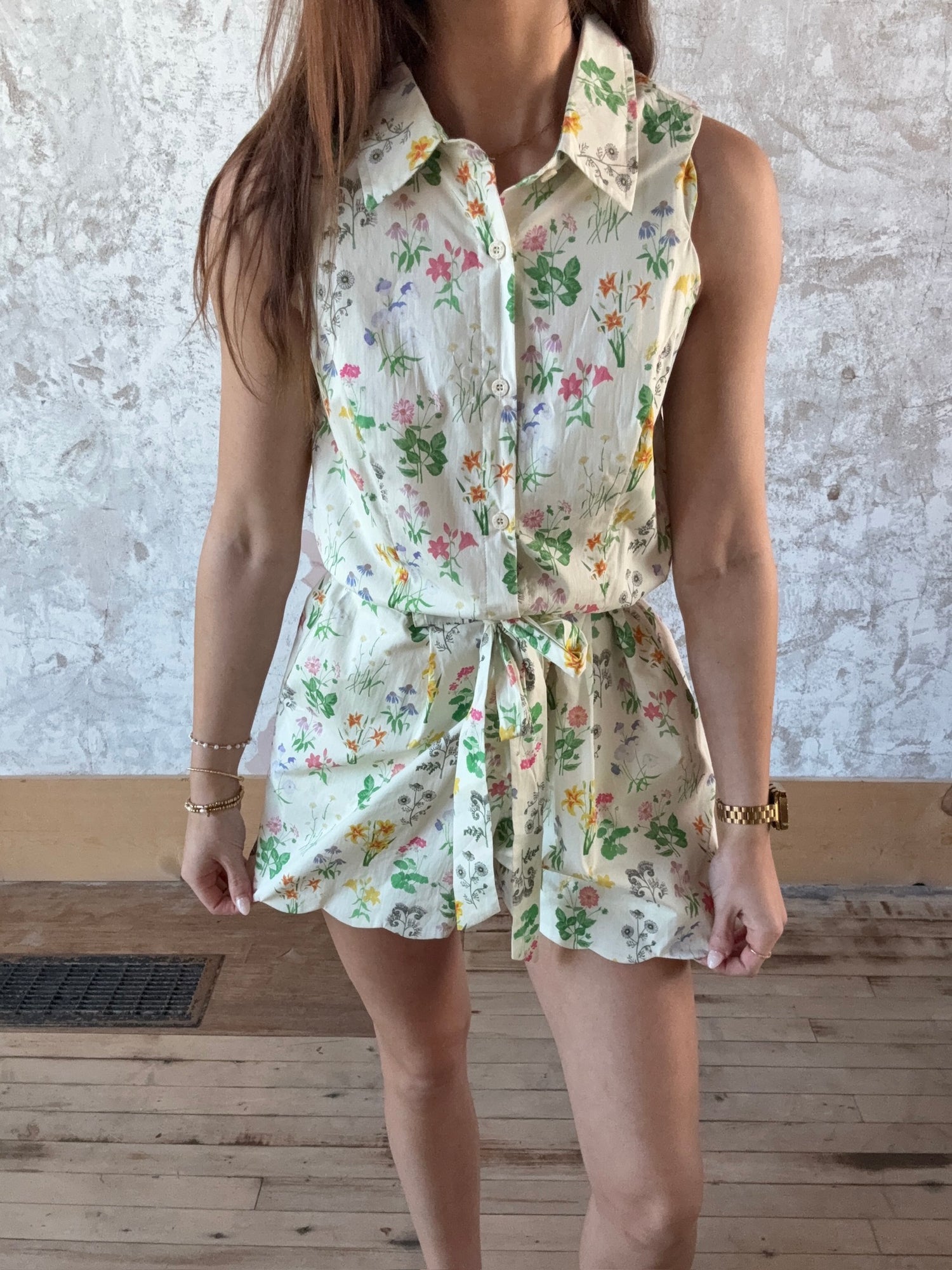 Floral Print Scalloped Edge Button Down Romper