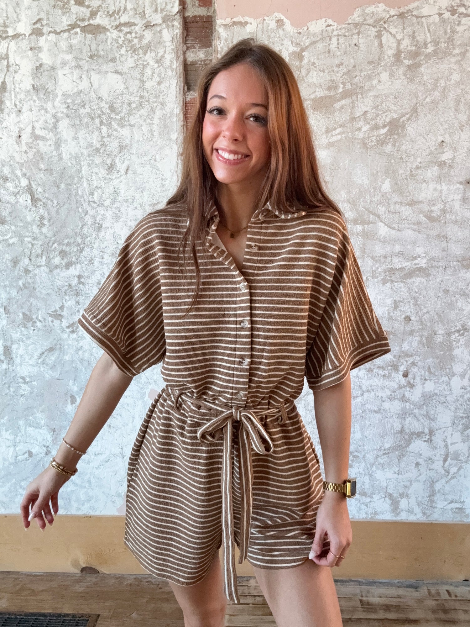 Striped Half Sleeve Button Up Waist Tie Romper