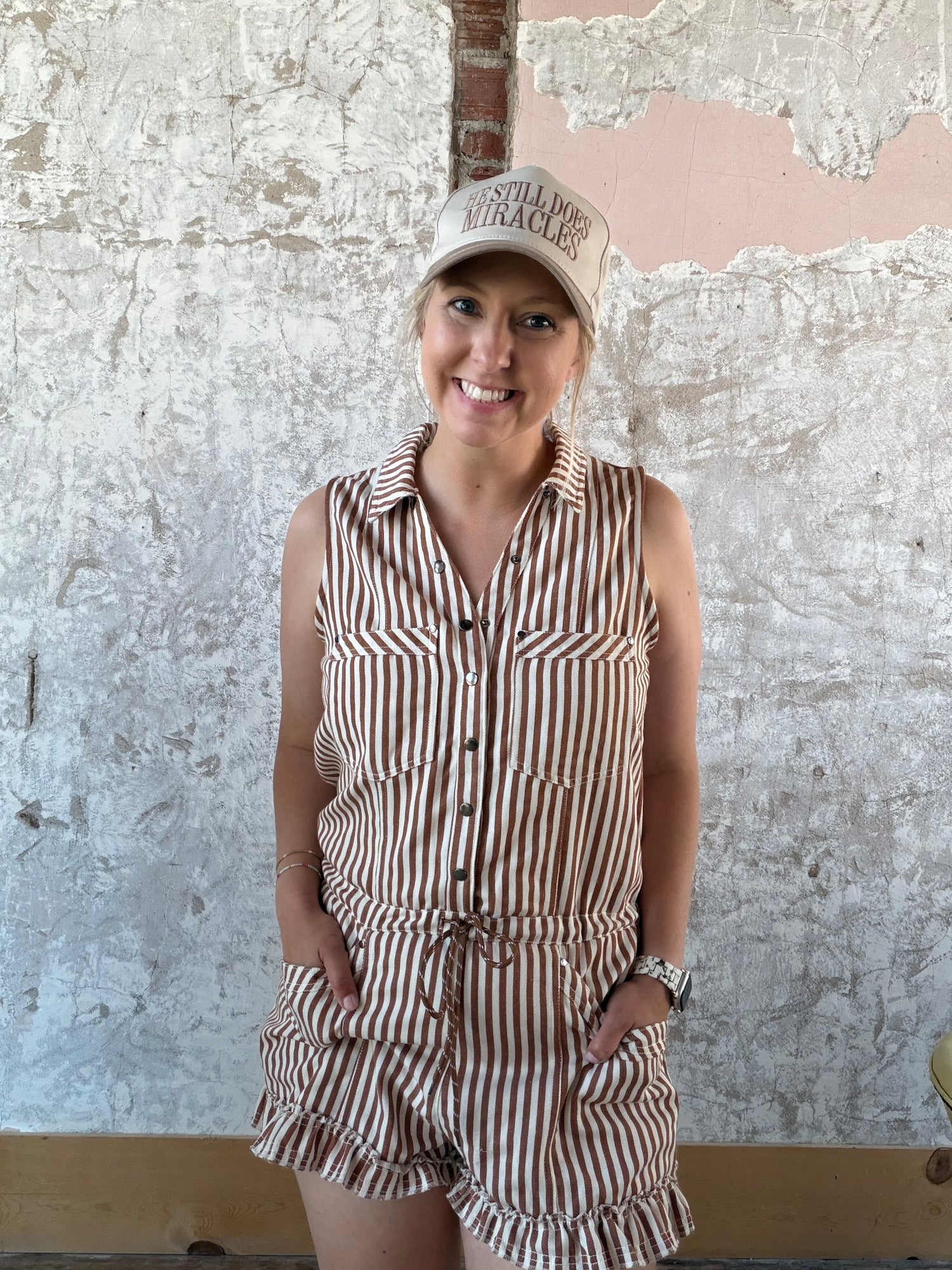Striped Button Down Sleeveless Romper