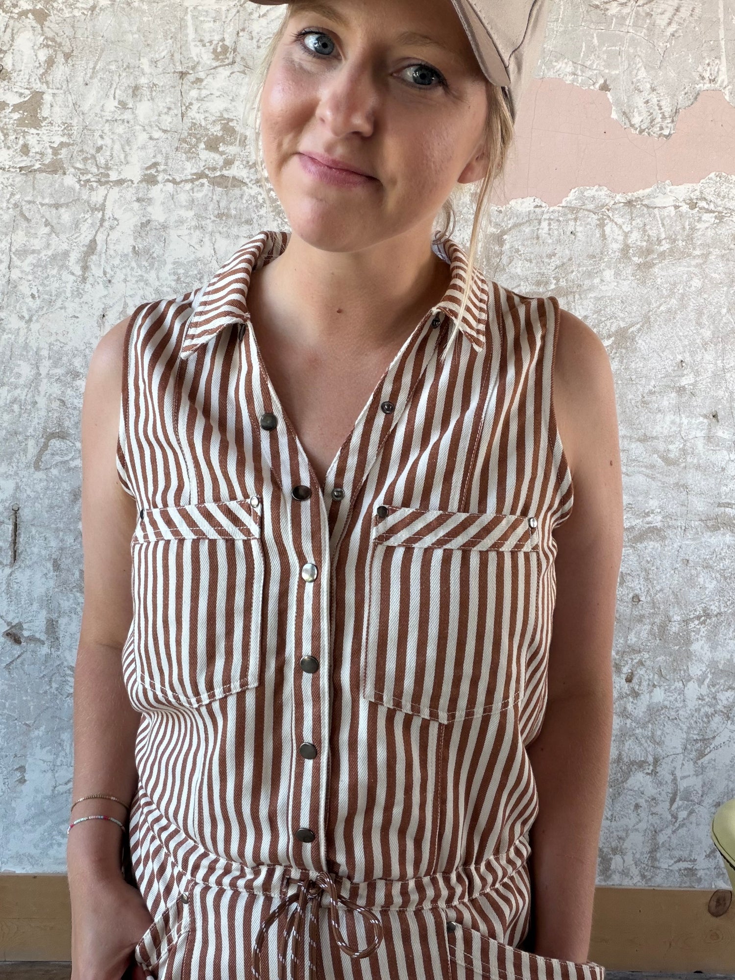Striped Button Down Sleeveless Romper