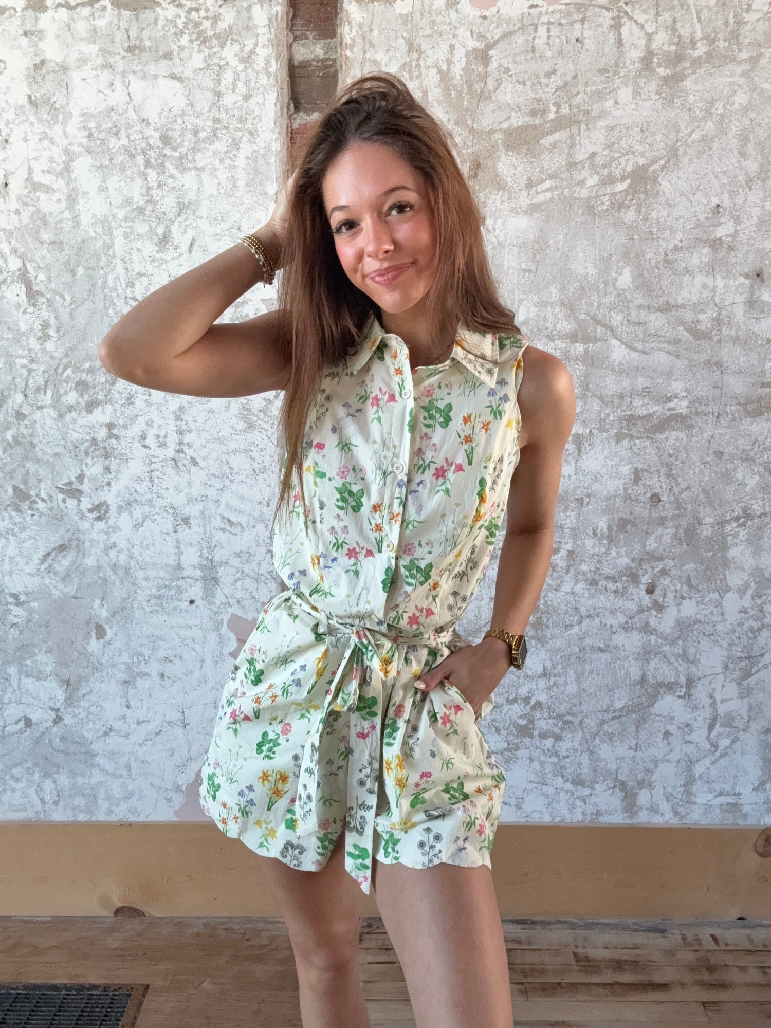 Floral Print Scalloped Edge Button Down Romper