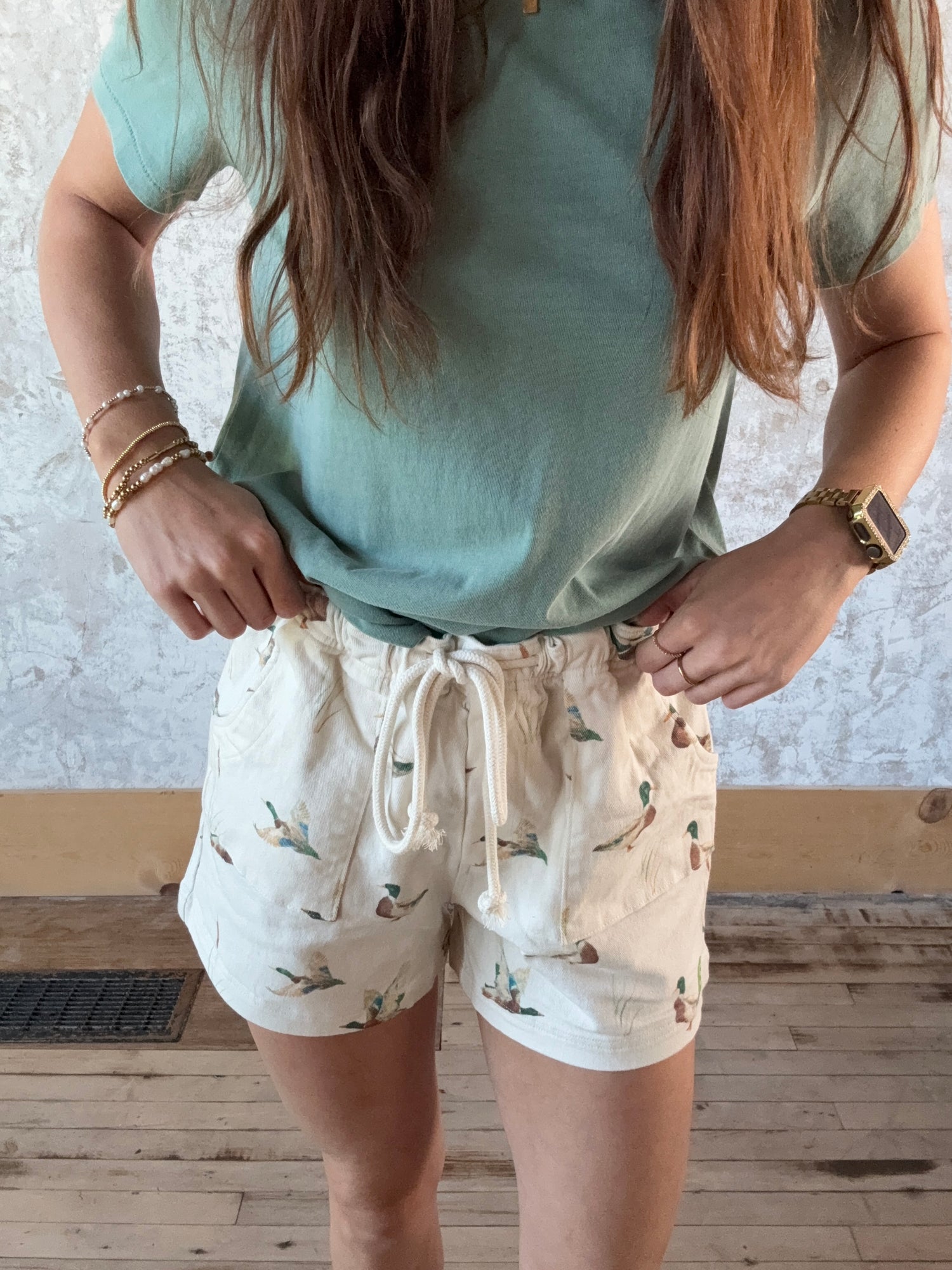 Mallard Duck Print Drawstring Relaxed Fit Shorts