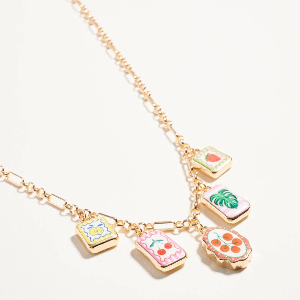 Vintage Fruit & Plant Print Enamel Charm Necklace