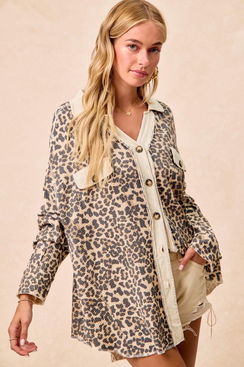Leopard Print Waffle Thermal Shacket With Pockets