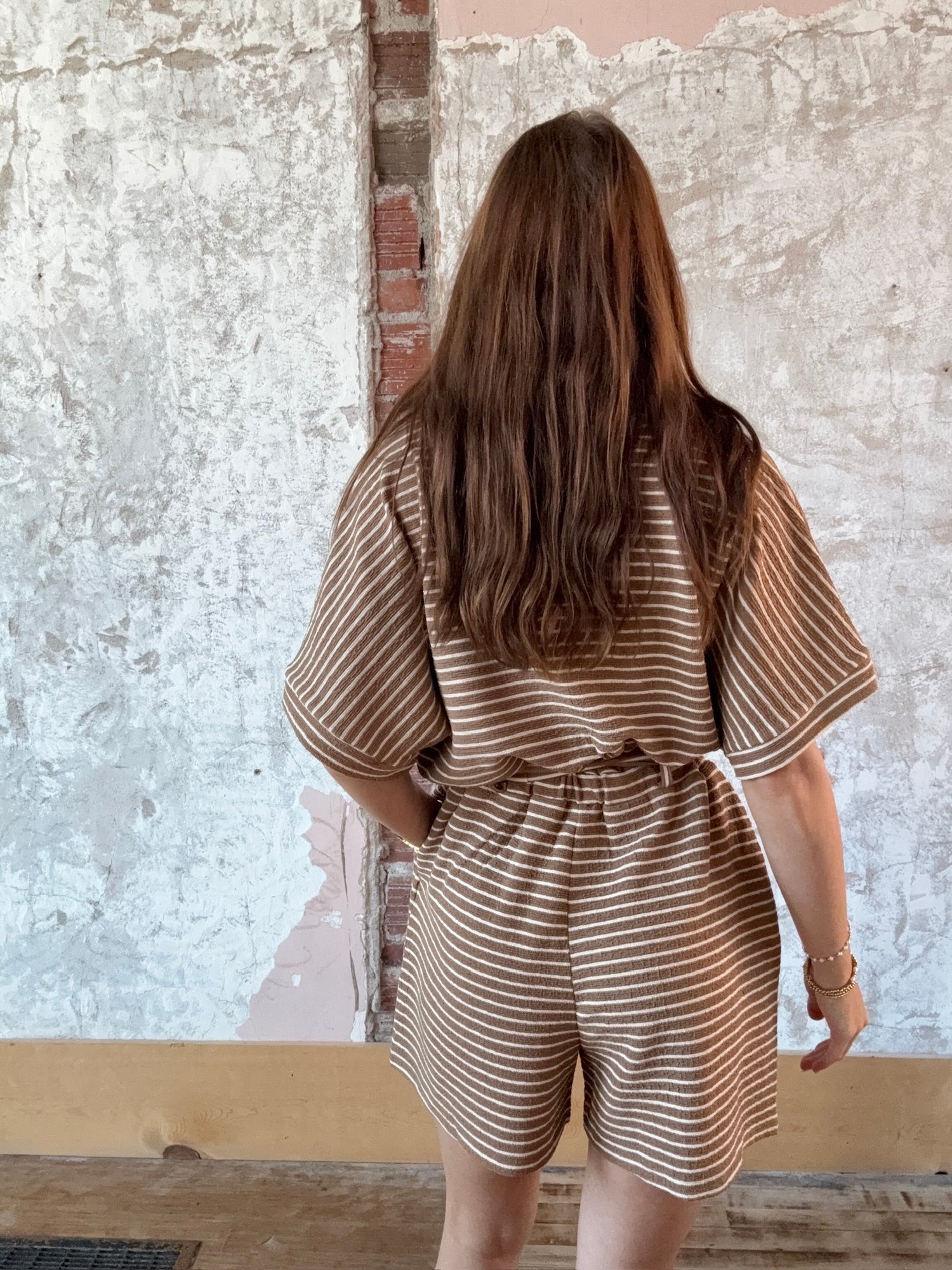 Striped Half Sleeve Button Up Waist Tie Romper