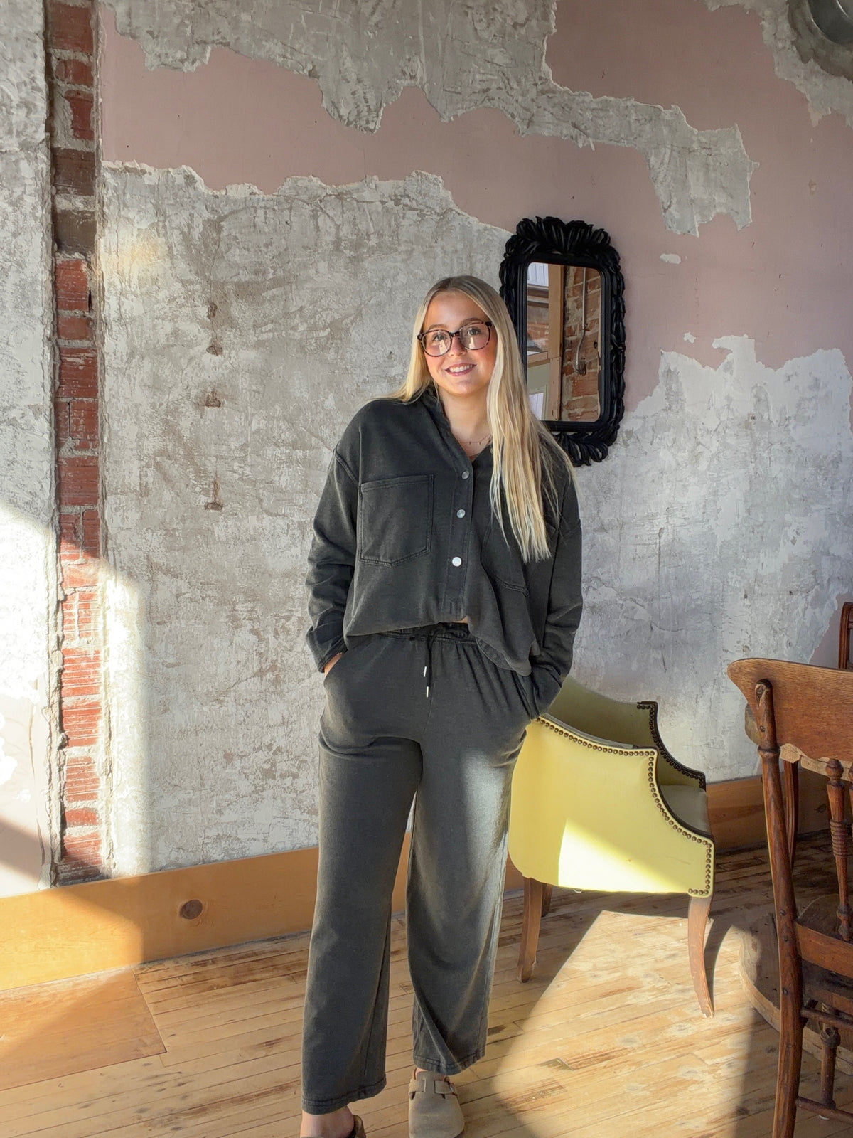 Black Washed Soft Button Up & Sweatpants Set