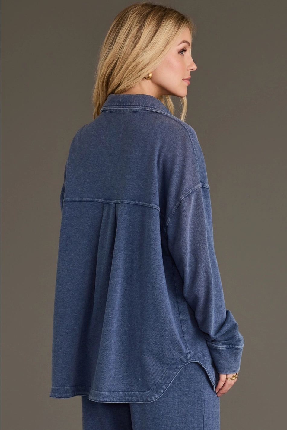 Dark Blue Washed Soft Button Up & Sweatpants Set