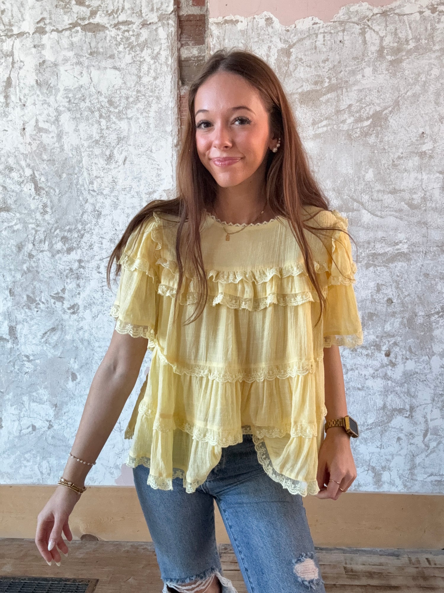 Tiered Ruffle Lace Trim Swing Top