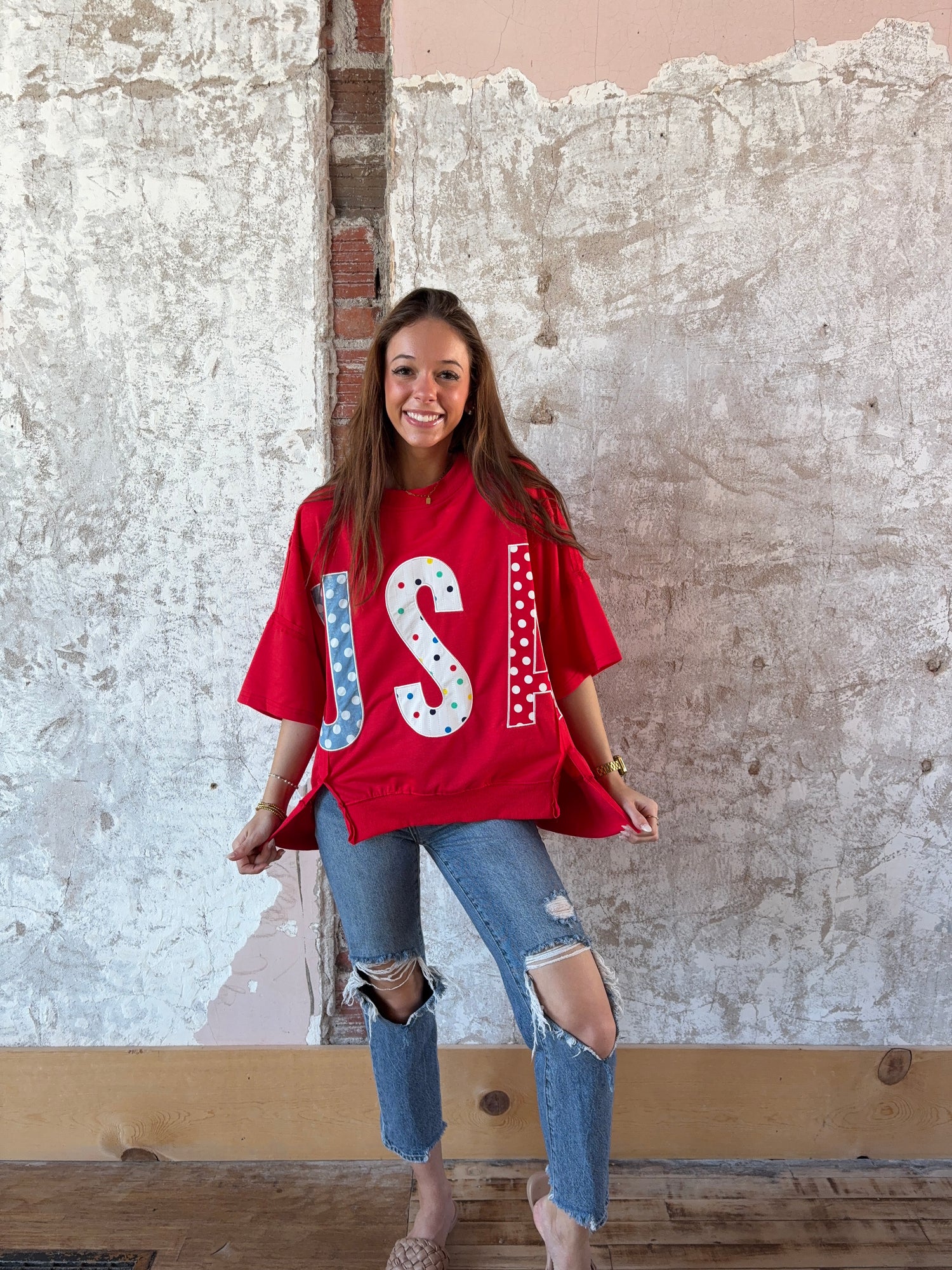 4th of July Polka Dot Usa Lettered Patch Work Top