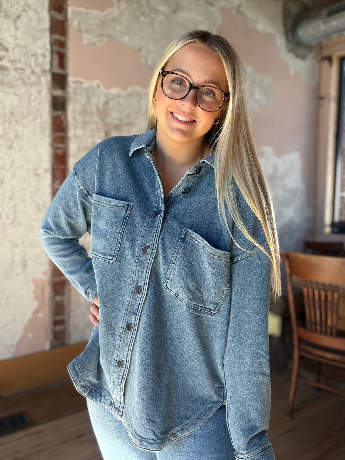 Cotton Fleece Oversized Denim Shacket Button Down