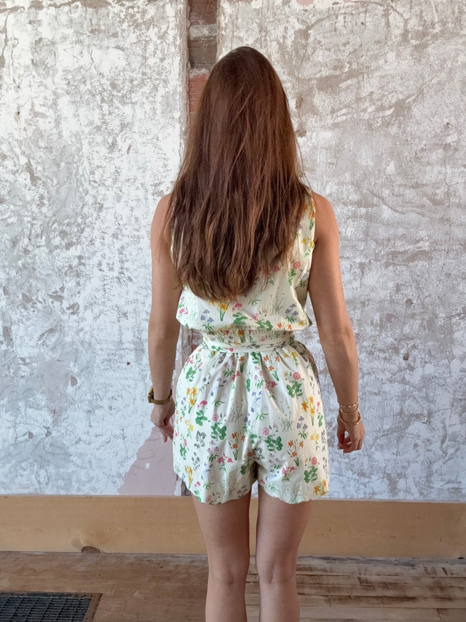 Floral Print Scalloped Edge Button Down Romper