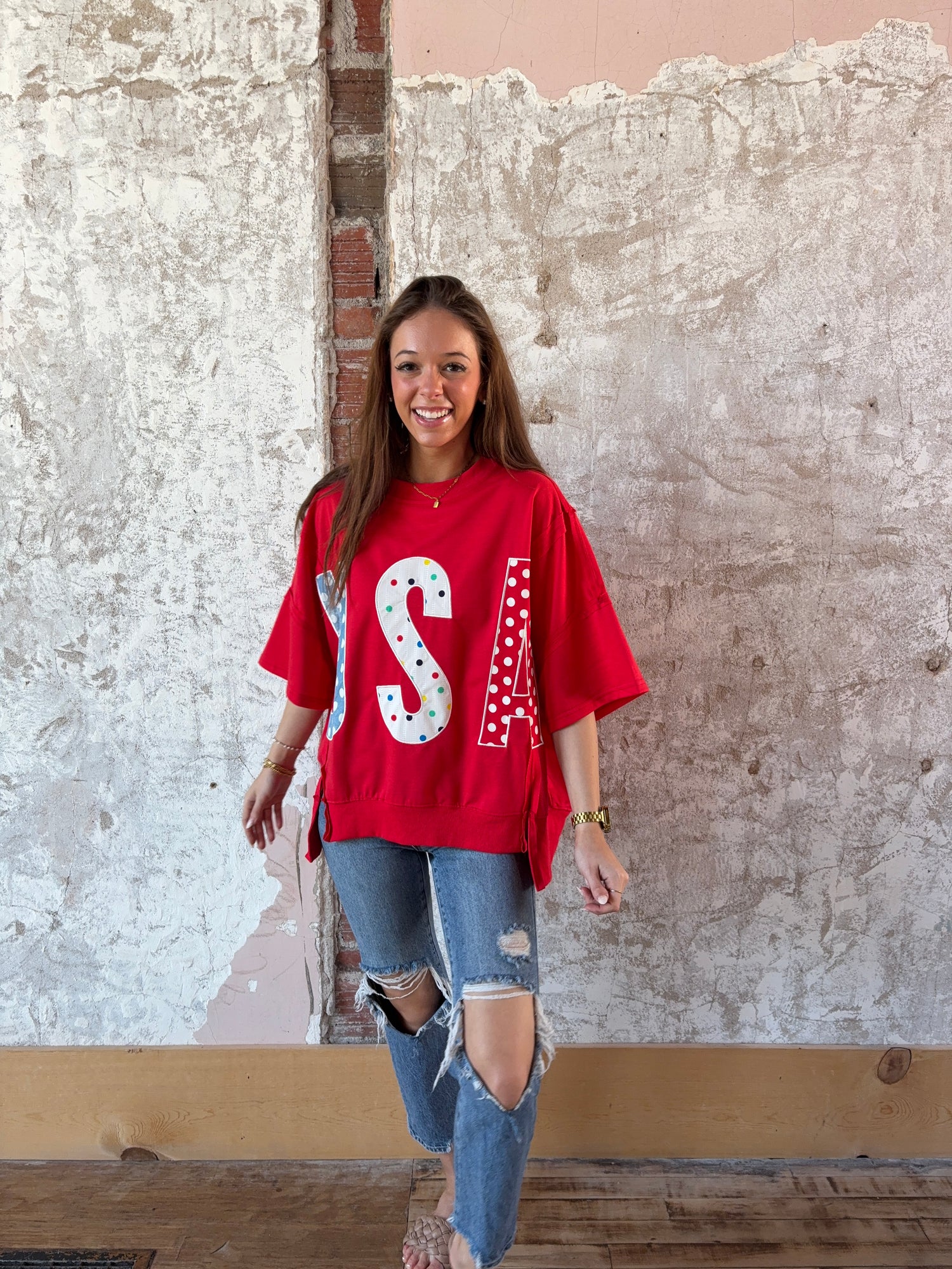 4th of July Polka Dot Usa Lettered Patch Work Top