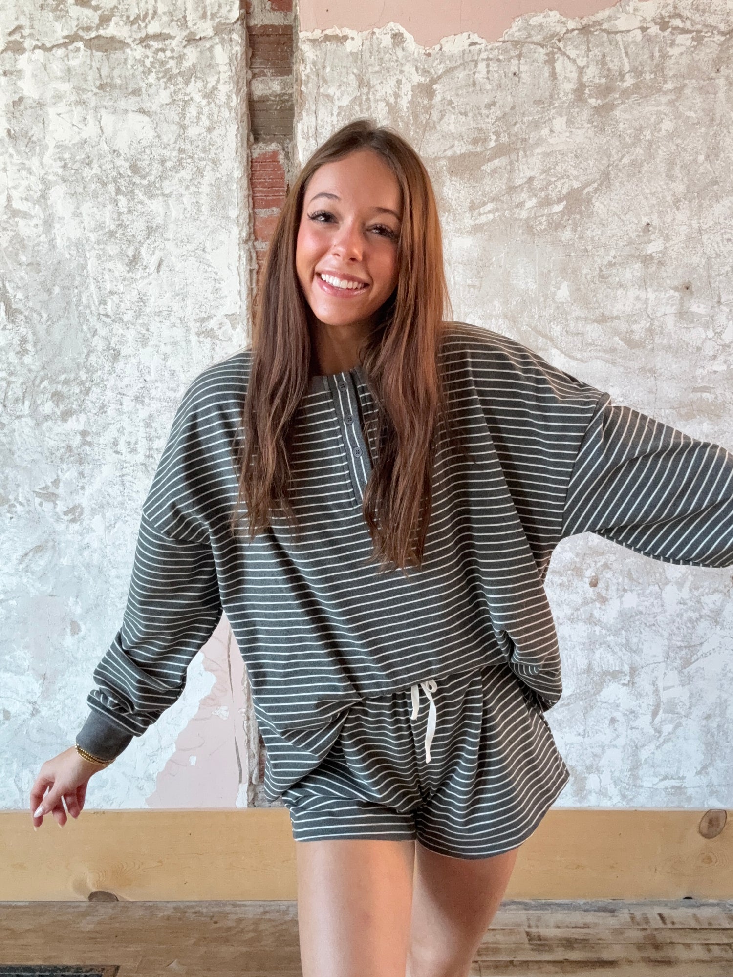 Soft Brushed Pin Stripe Knit Pullover & Shorts