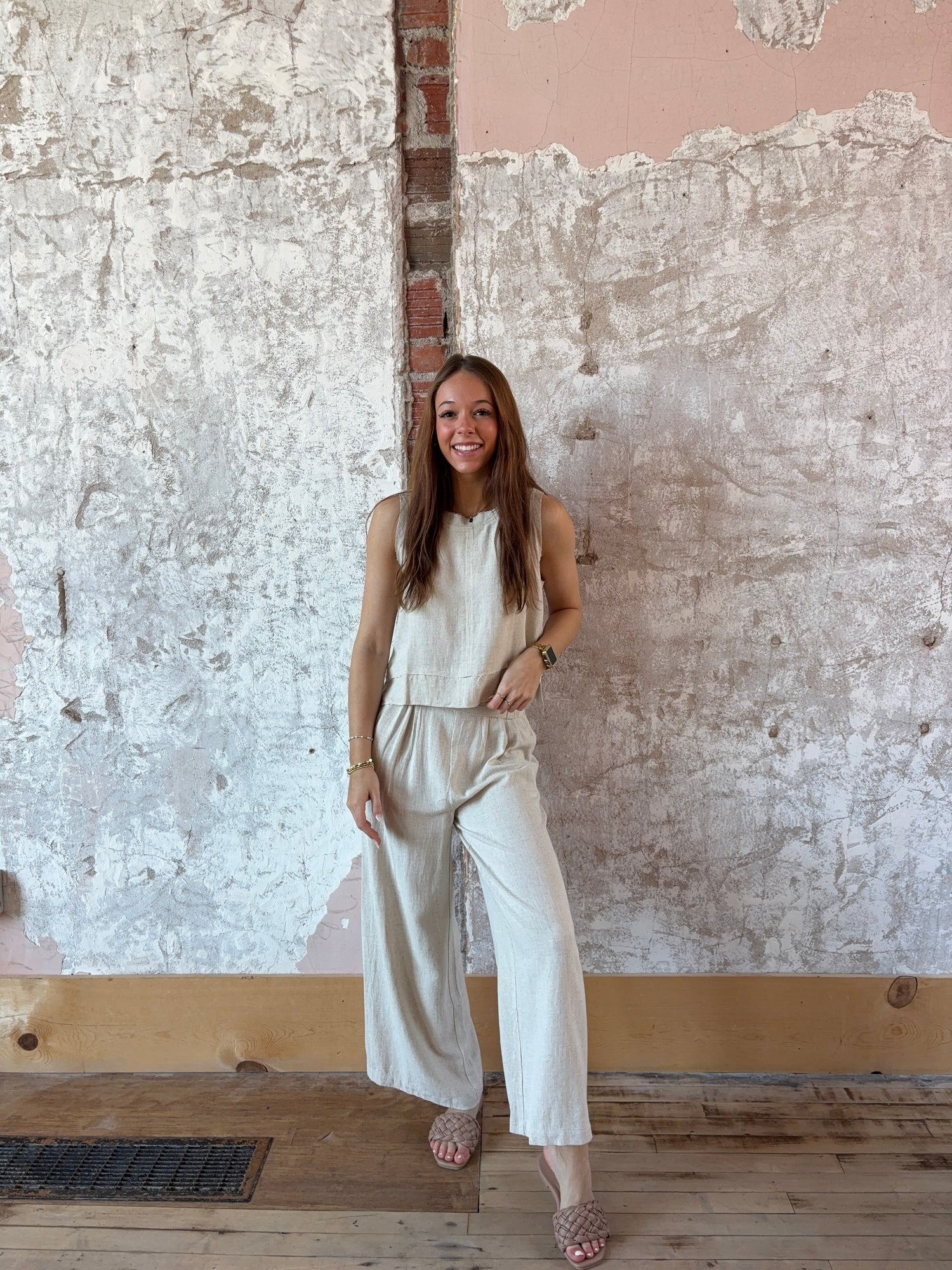 Solid Woven Linen Sleeveless Top & Pants Set