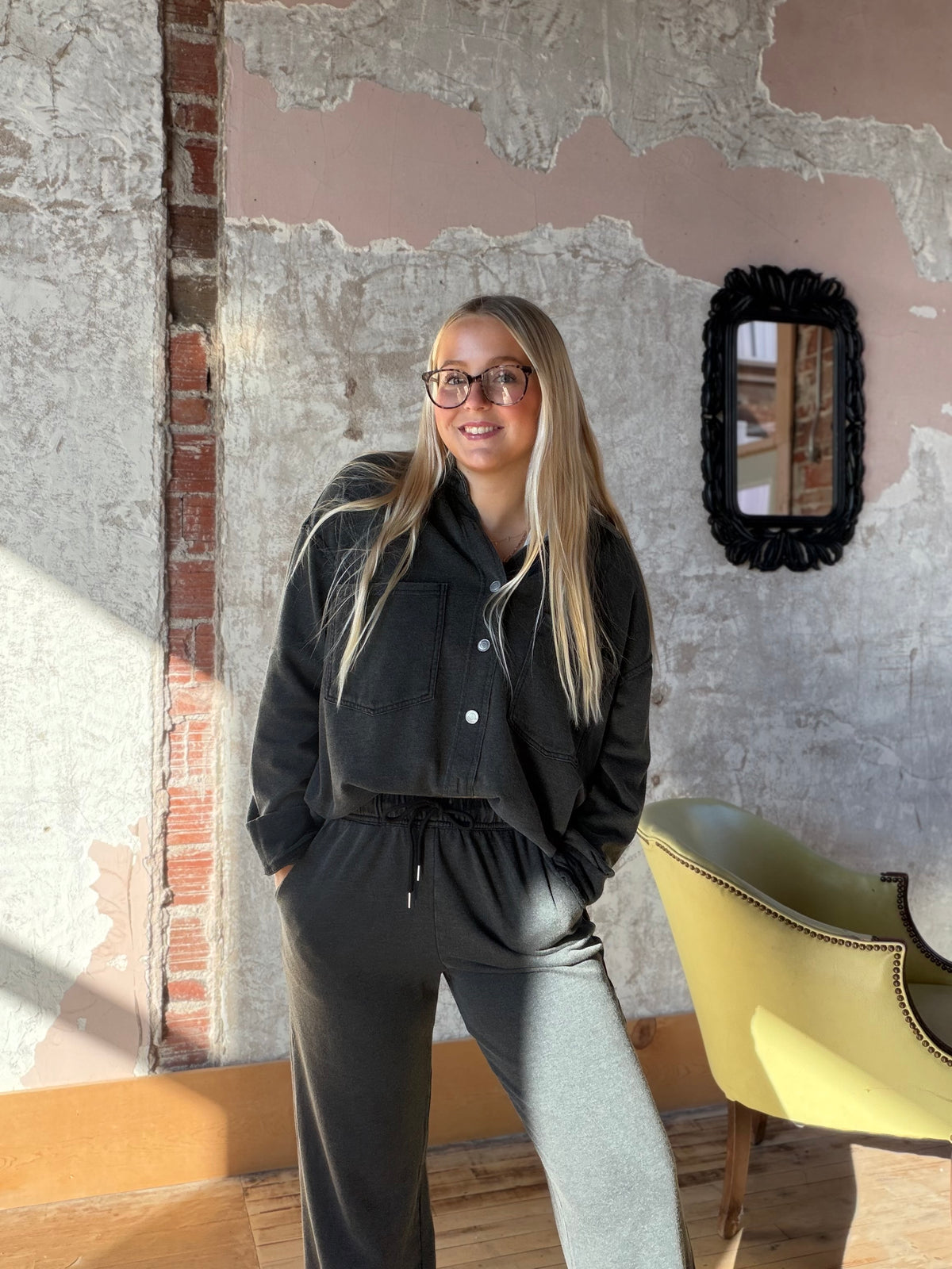 Black Washed Soft Button Up & Sweatpants Set