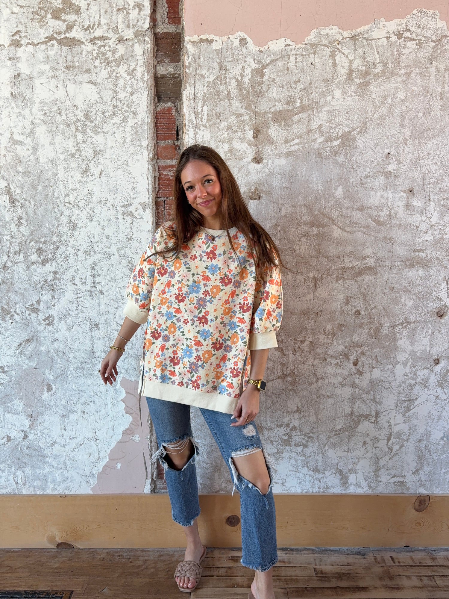 Washed Twill Flower Openseam Quarter Sleeve Top