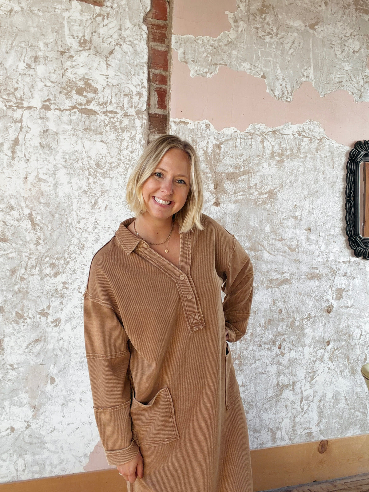 Washed Textured Knit Henley Dress