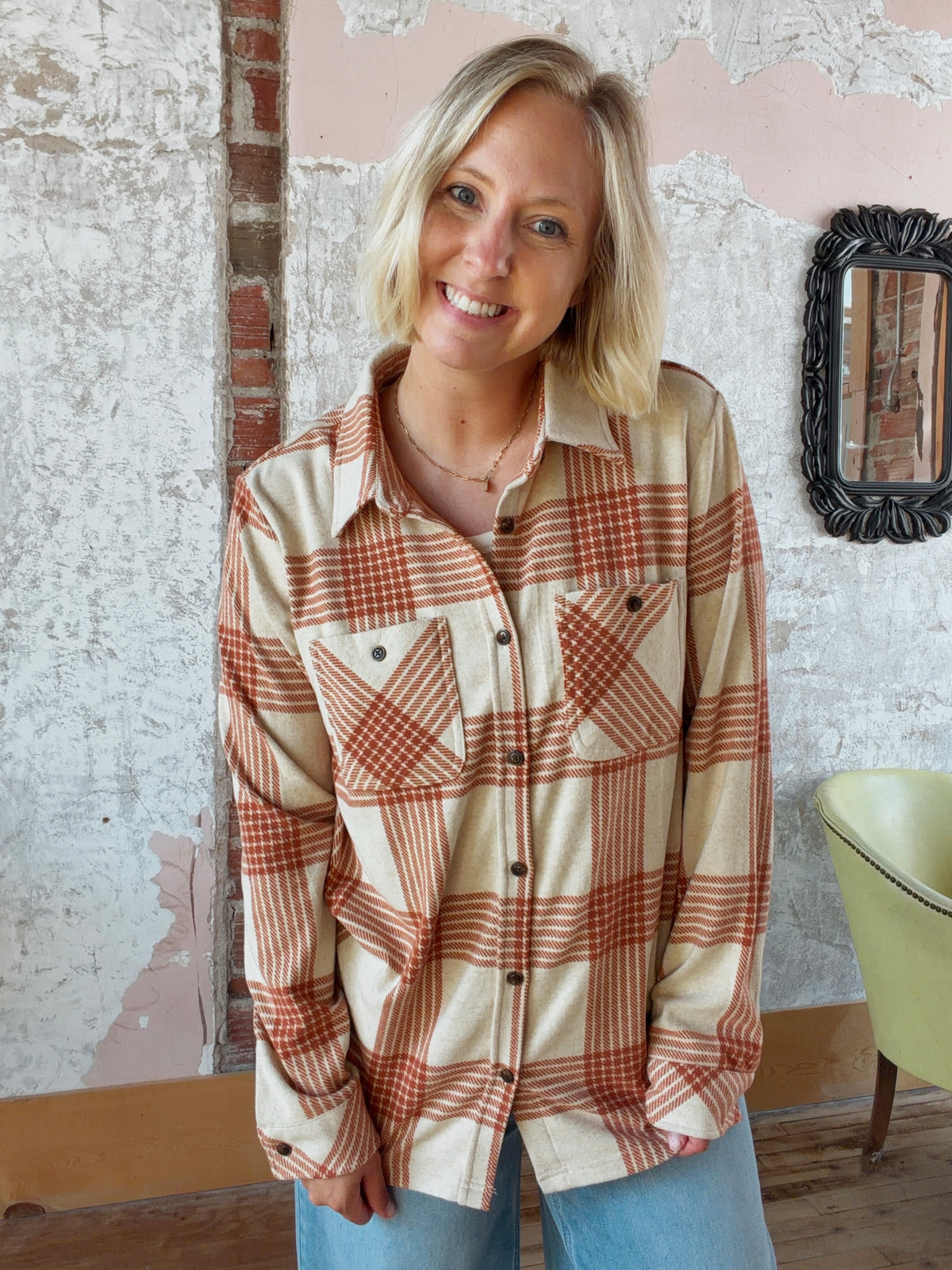 Cream & Rust Plaid Button Up Shirt (Extended Sizes!)