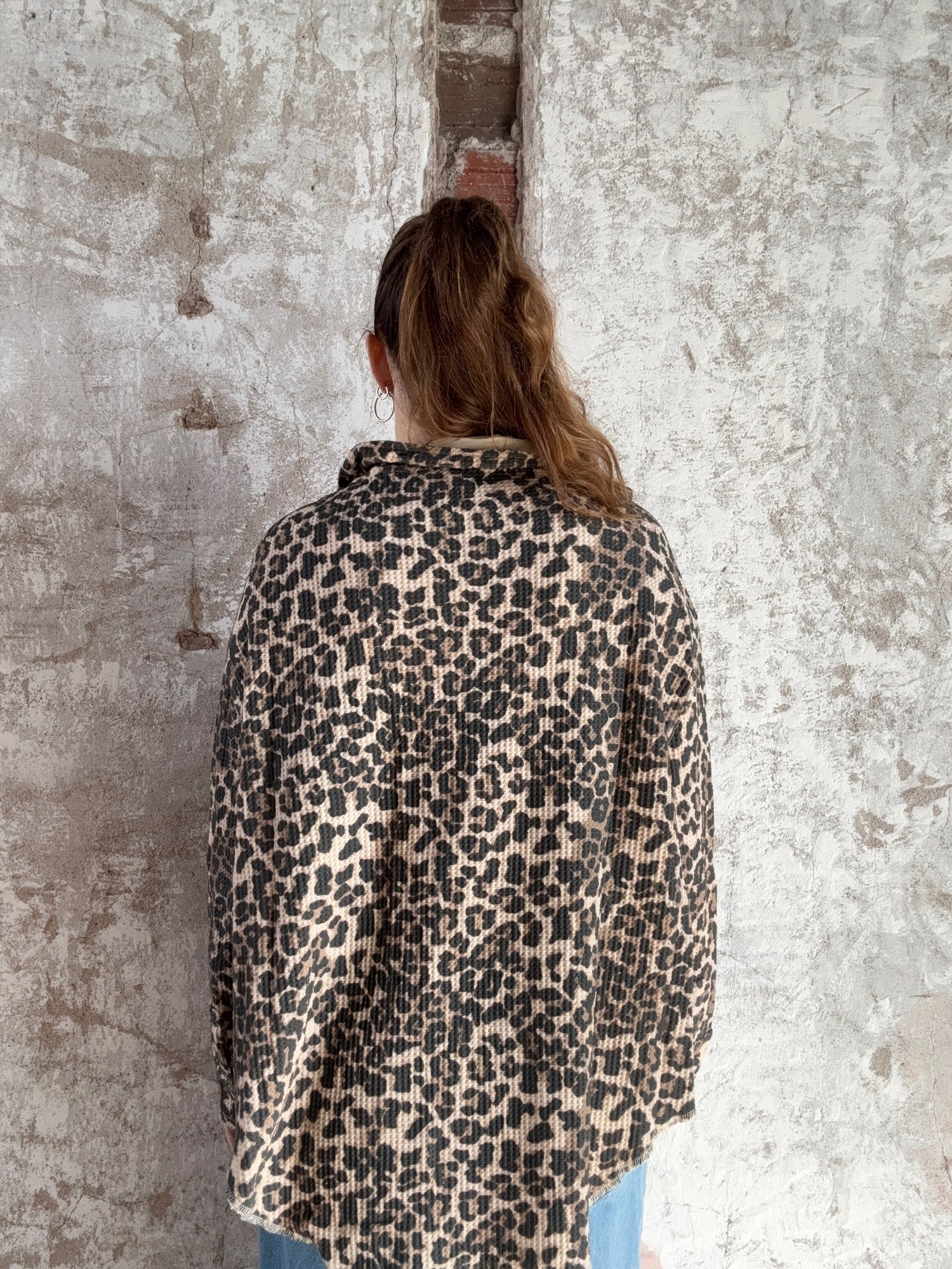 Leopard Print Waffle Thermal Shacket With Pockets