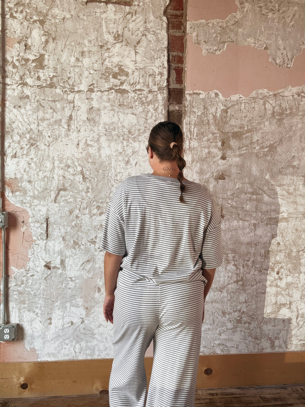 Heather Grey Striped Knit Top And Pants Set