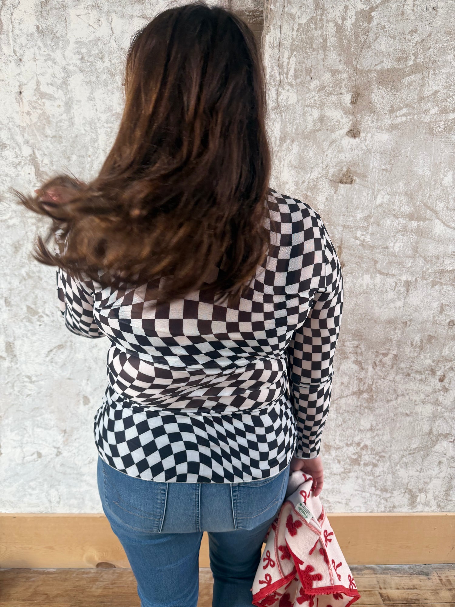 Checkered Mesh Long Sleeve Top - Black