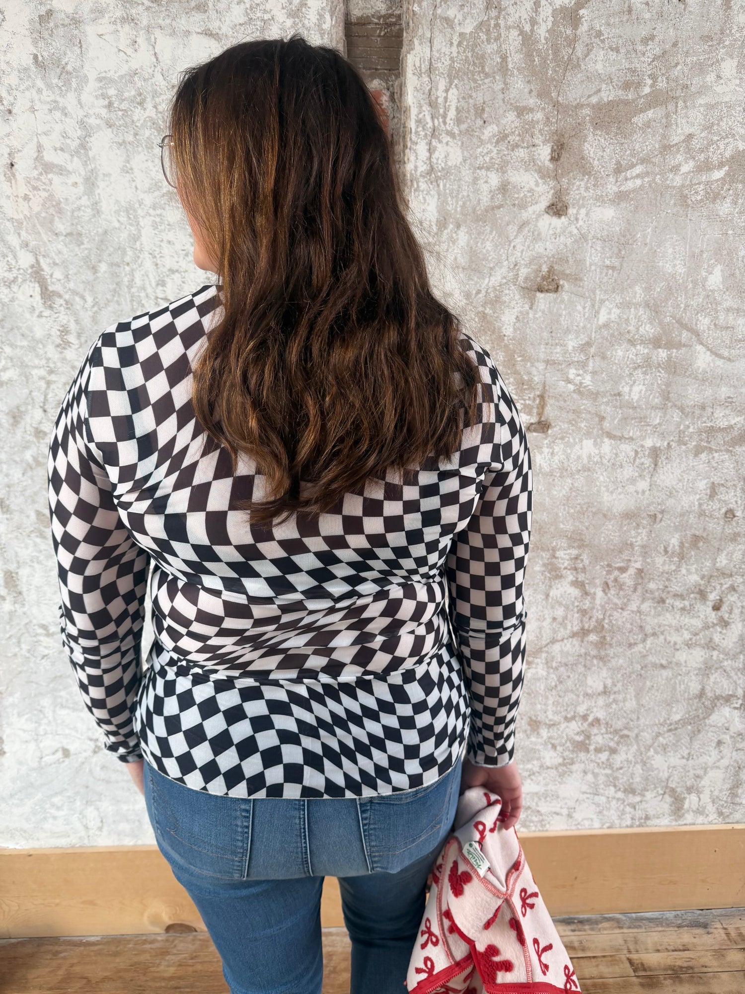 Checkered Mesh Long Sleeve Top - Black