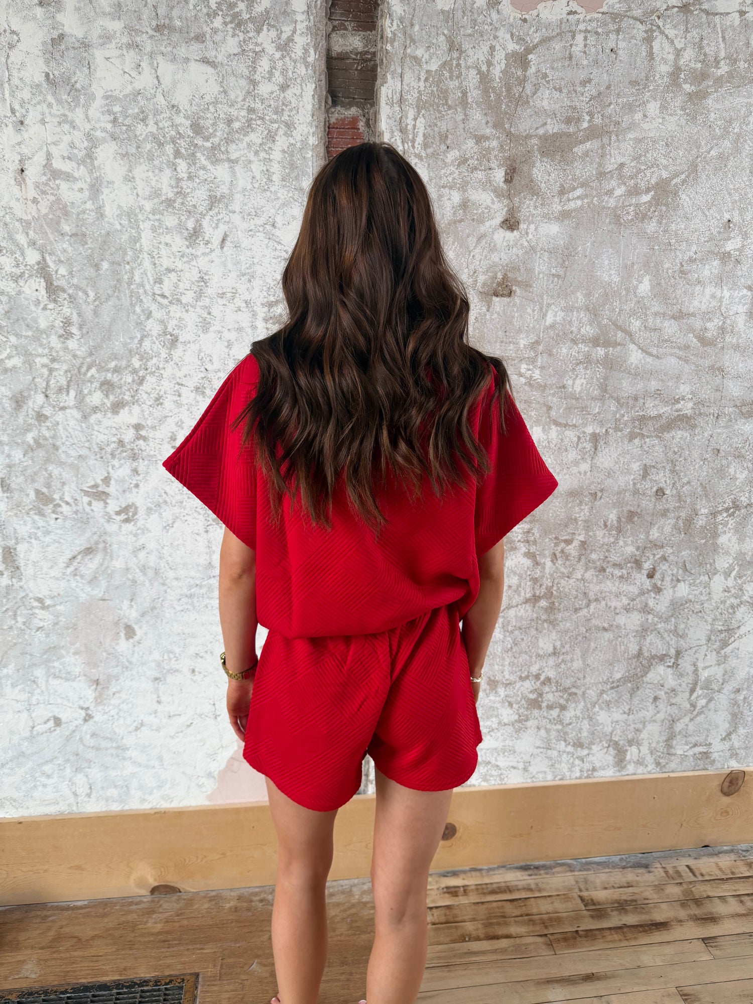 Textured Red Two Piece Set with Collared Shirt