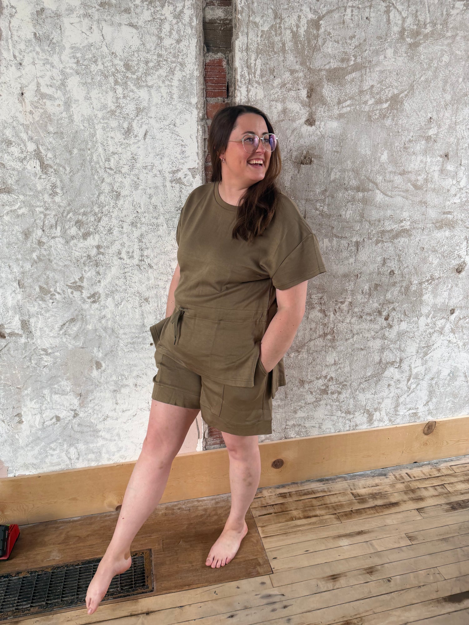 Olive Drop Shoulder Top + Short Set