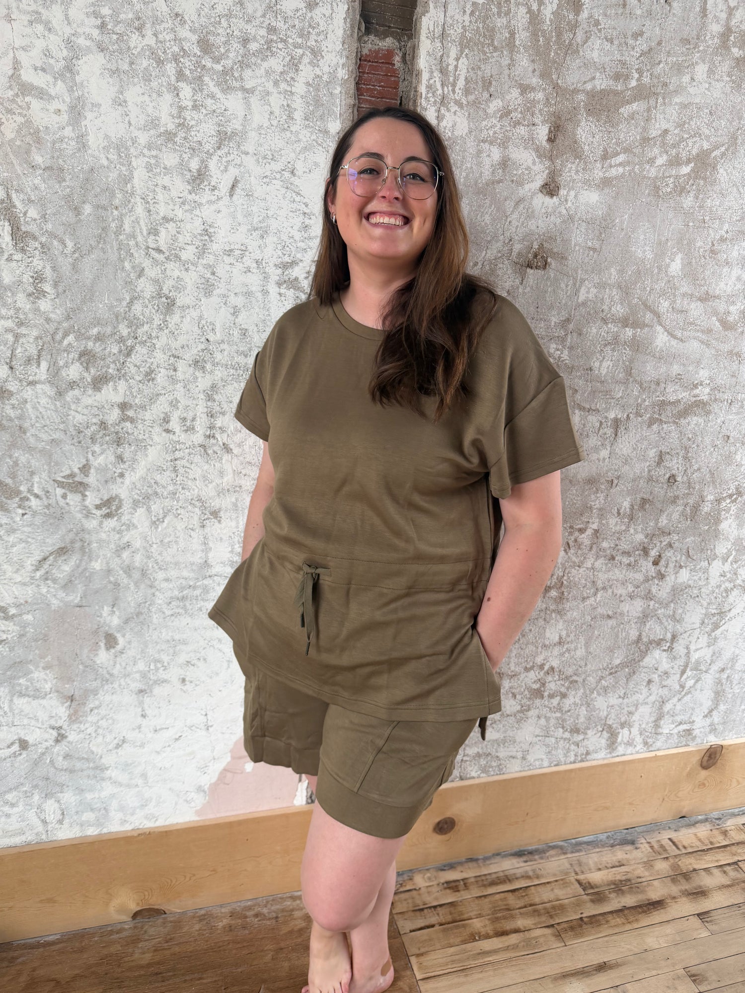 Olive Drop Shoulder Top + Short Set