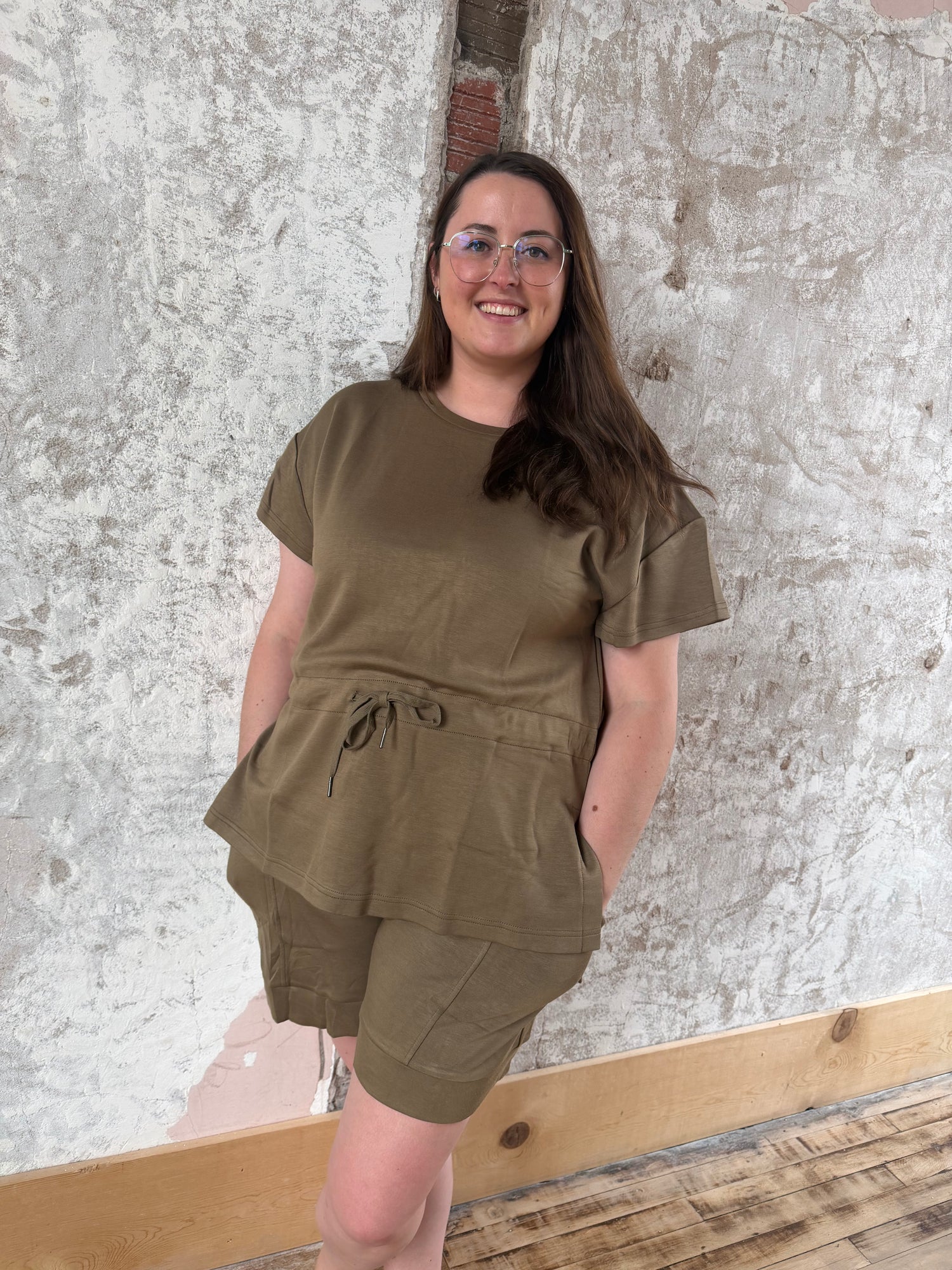 Olive Drop Shoulder Top + Short Set