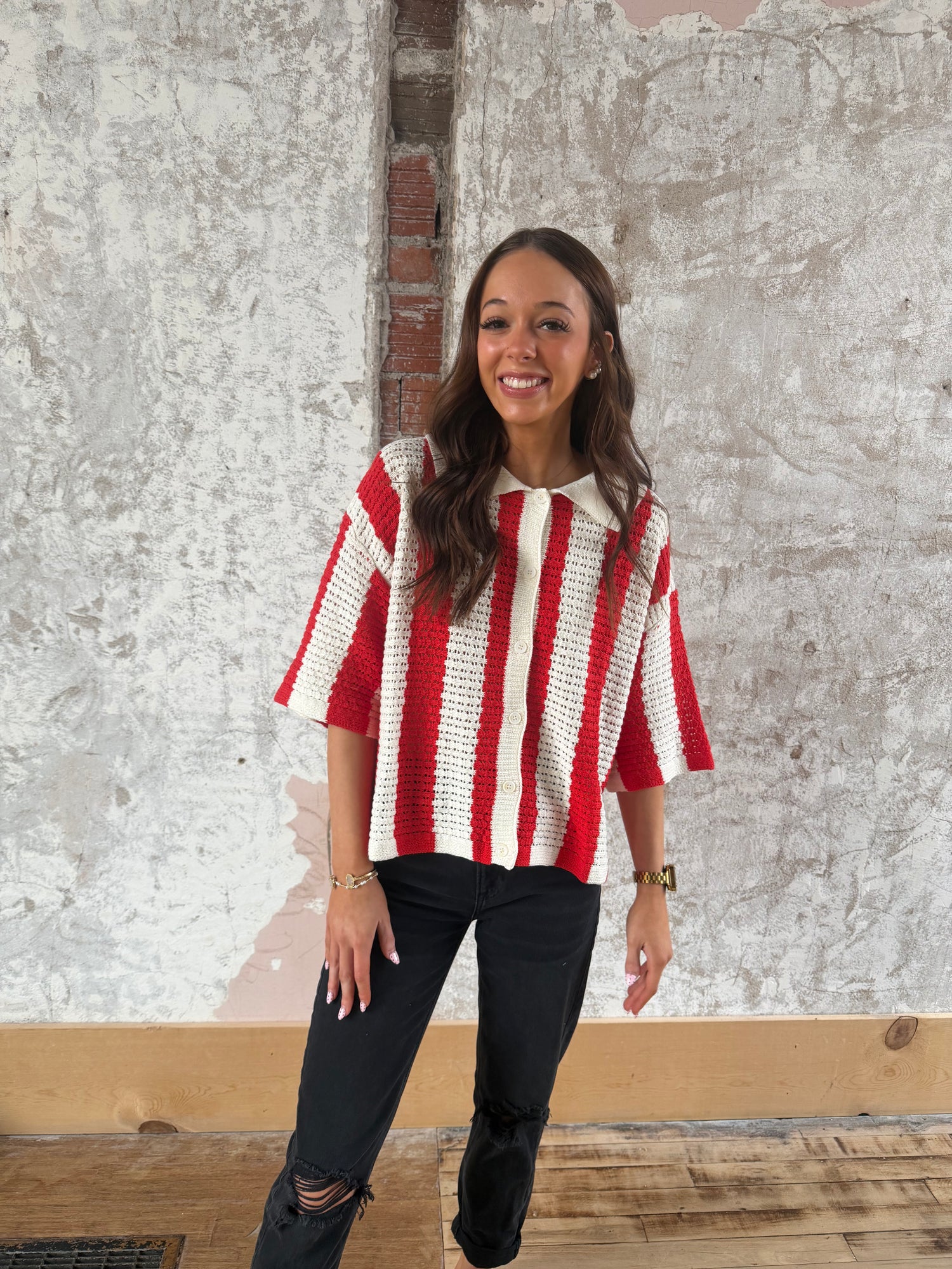 Striped Knit Button-Up Sweater