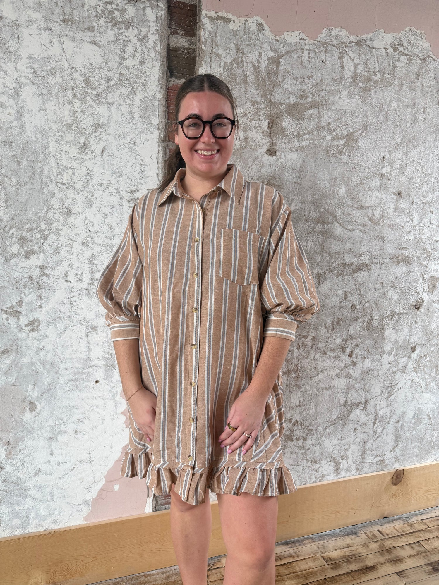Latte Ruffle Shirt Dress