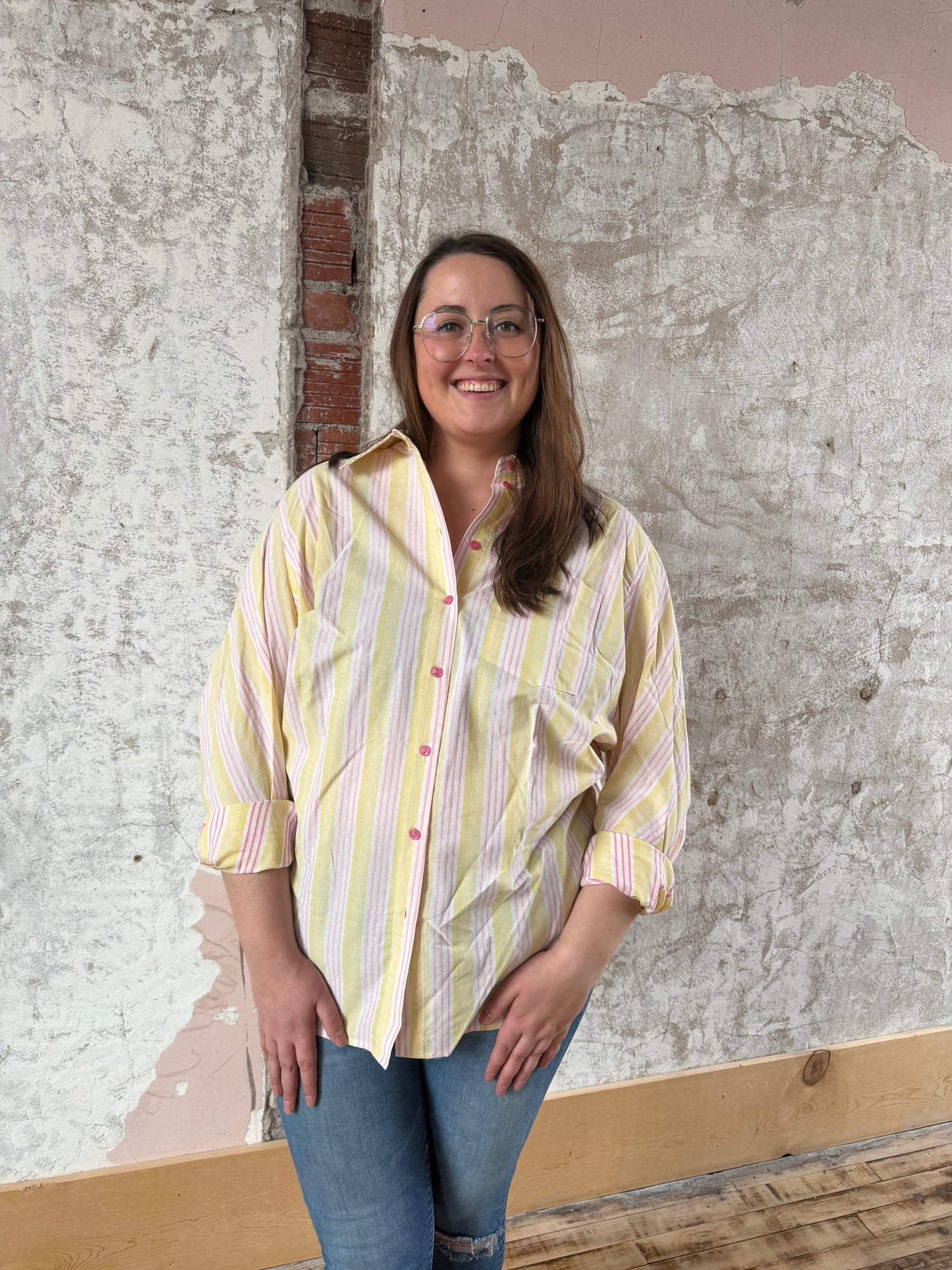 Pink + Yellow Striped Button Down Top