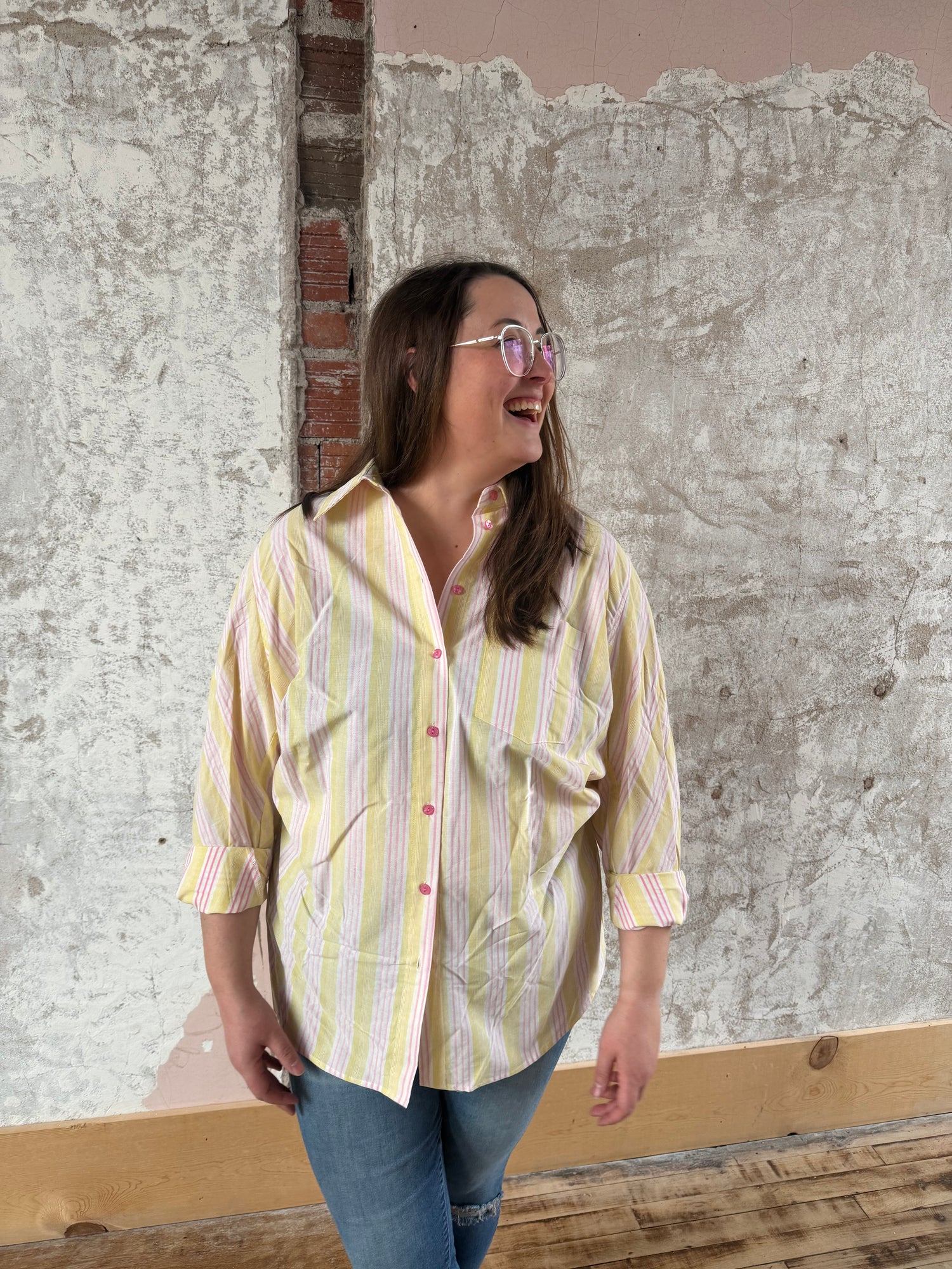 Pink + Yellow Striped Button Down Top