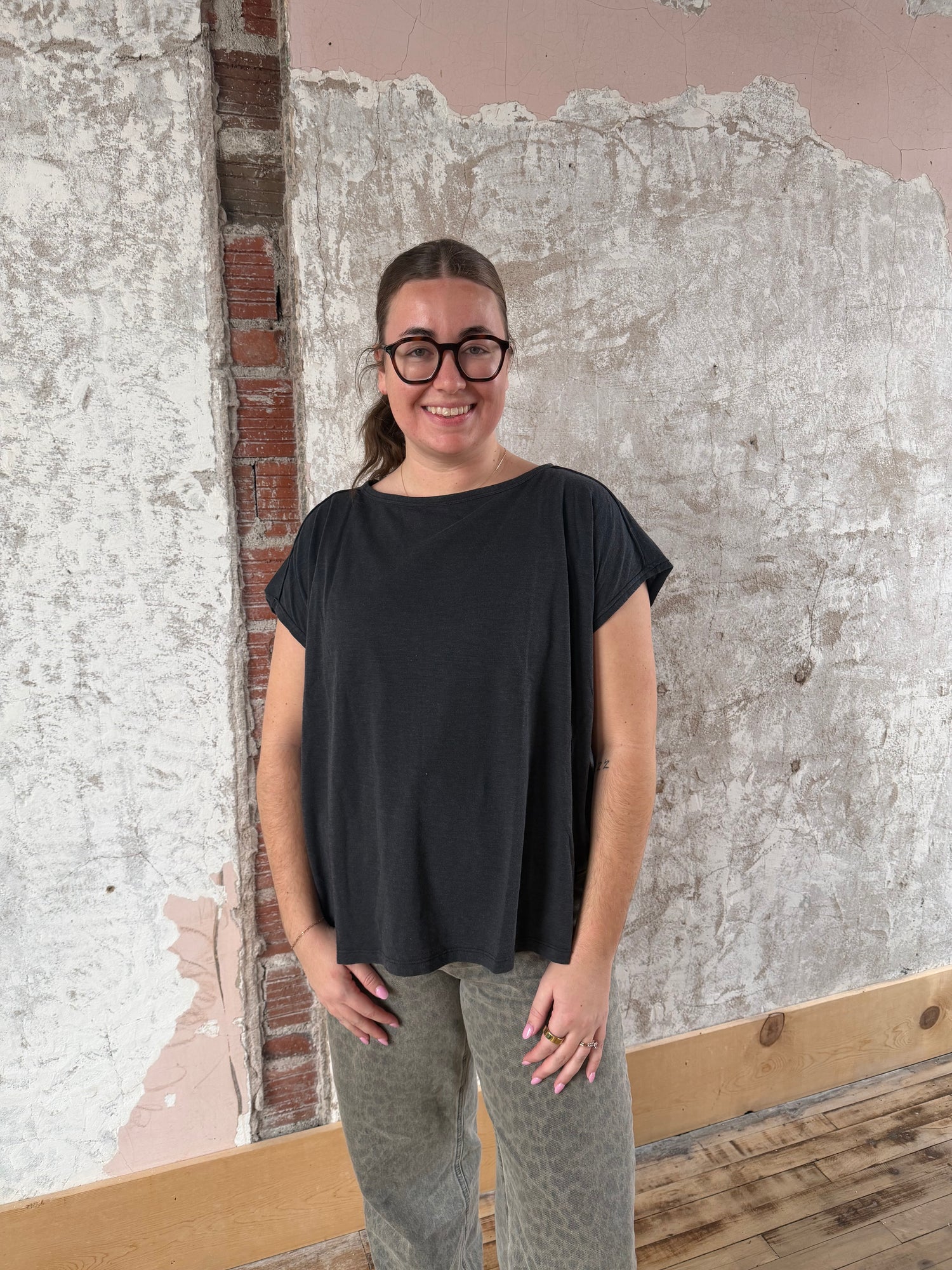 Black Oversized Short Sleeve Slub Top