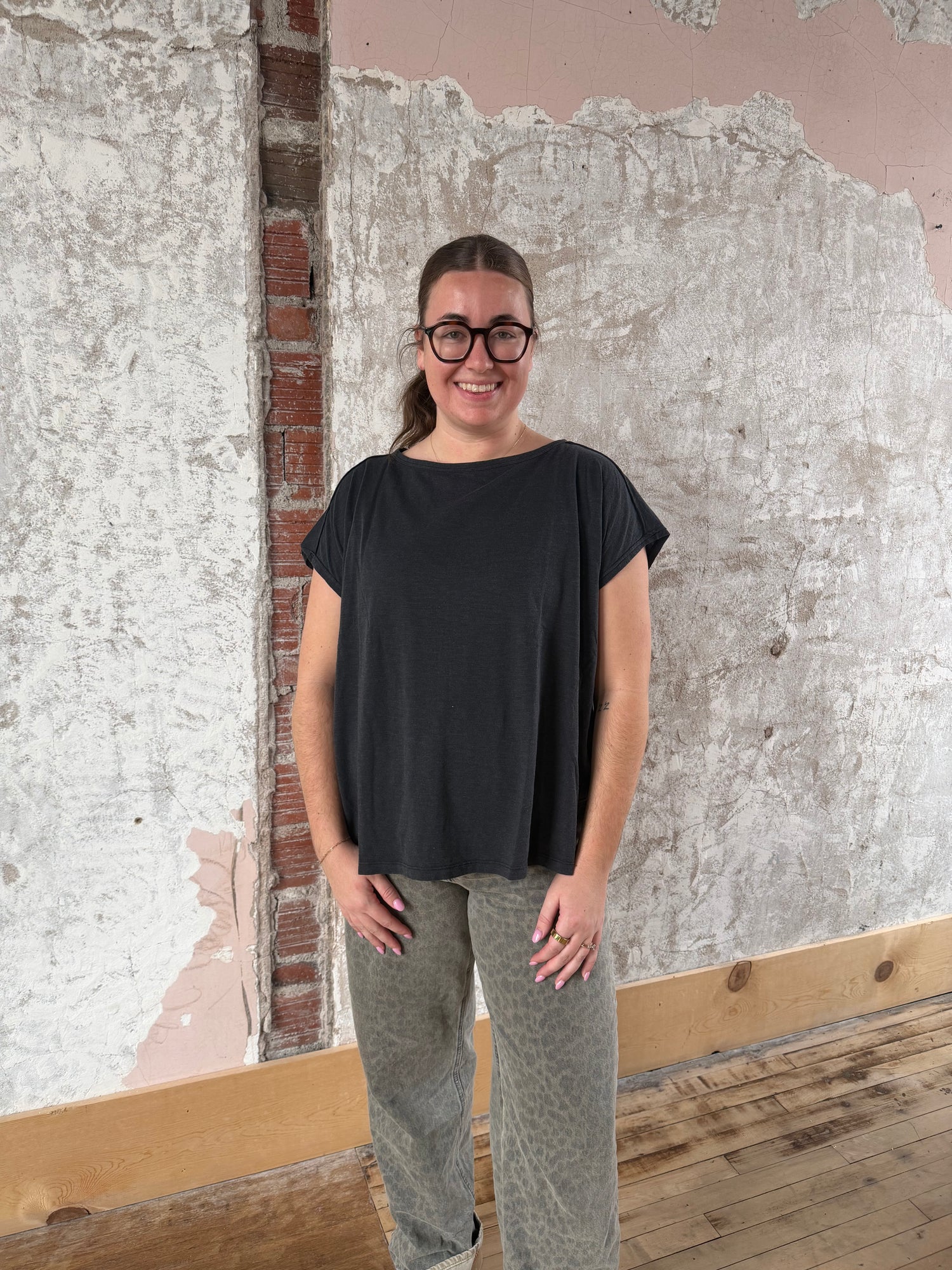 Black Oversized Short Sleeve Slub Top