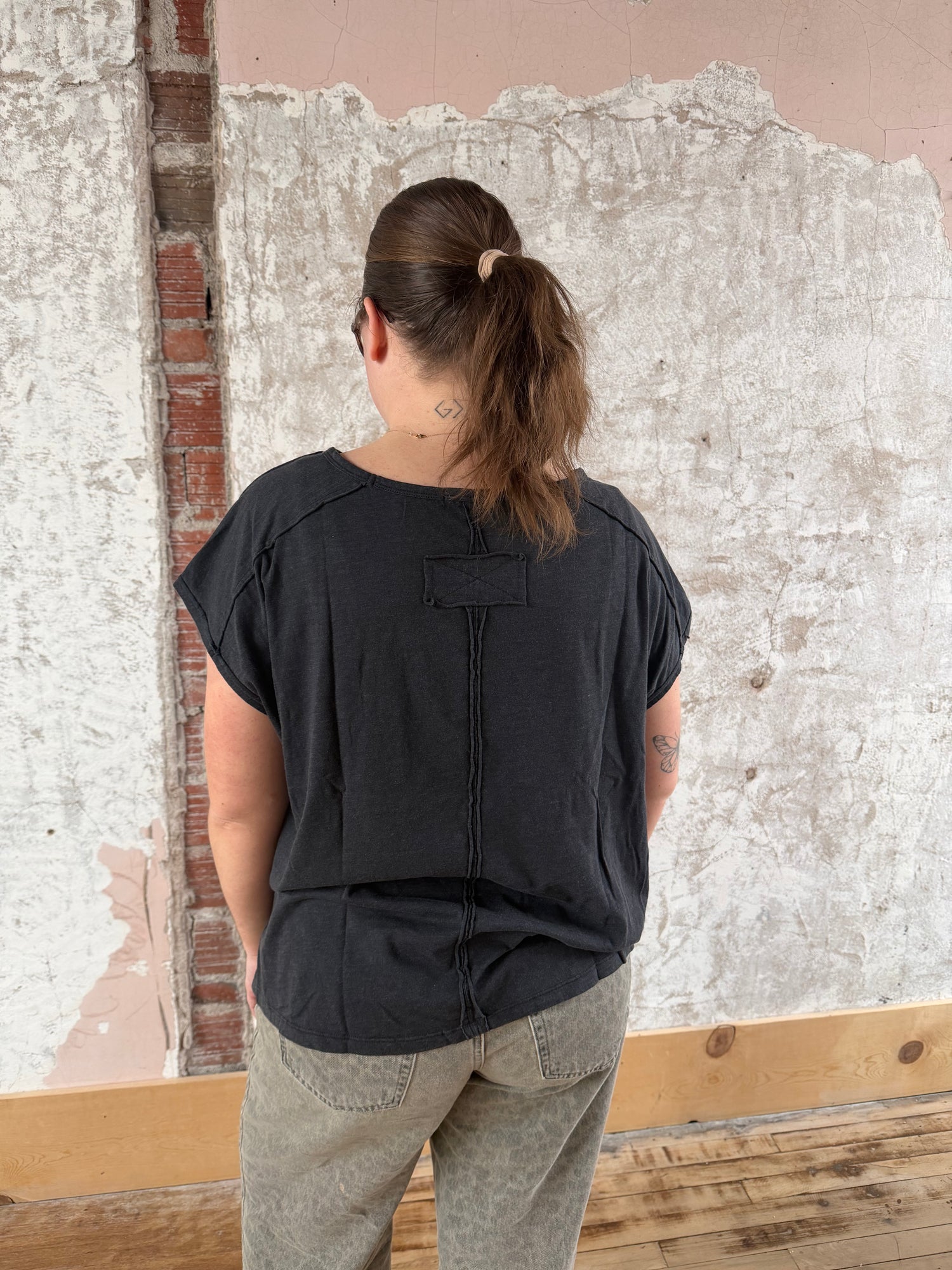 Black Oversized Short Sleeve Slub Top