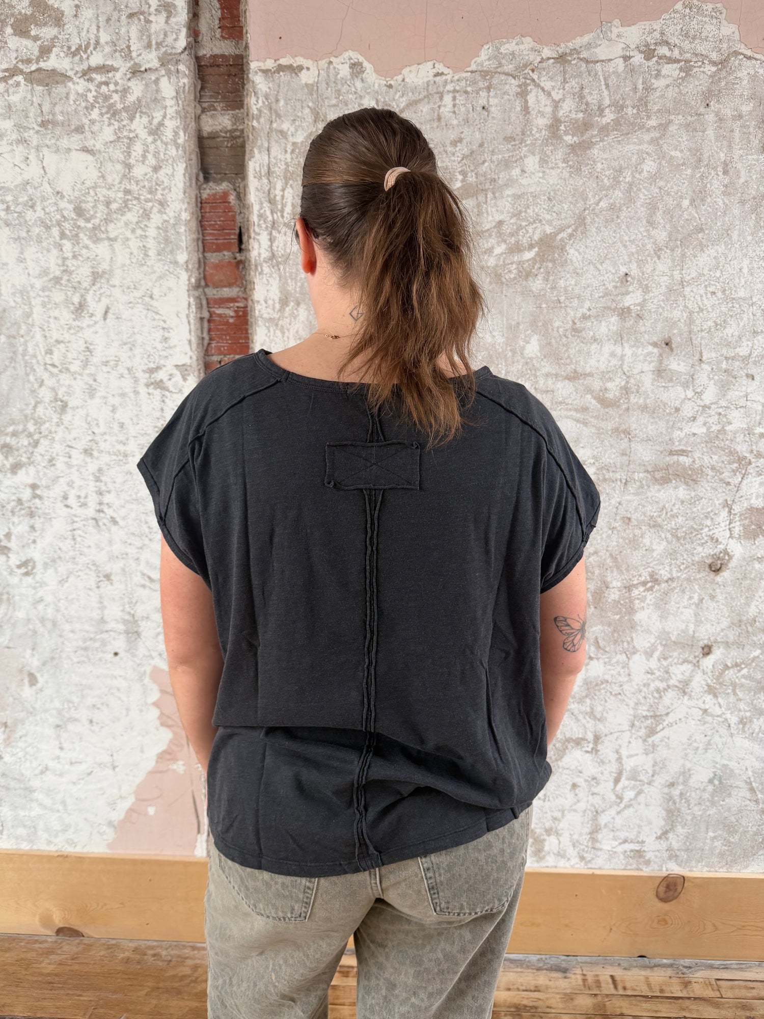 Black Oversized Short Sleeve Slub Top