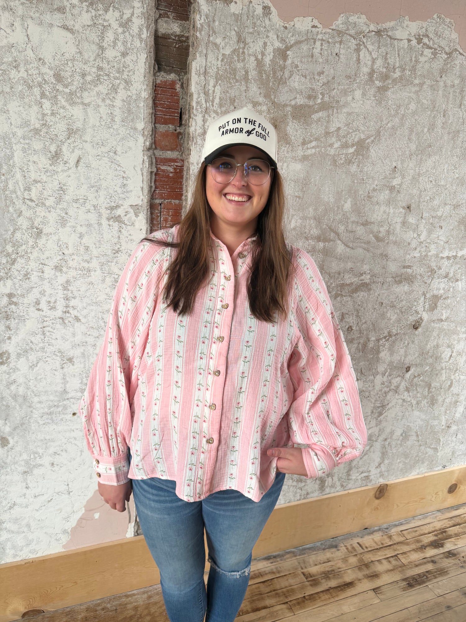 White + Pink Long Sleeve Button Down