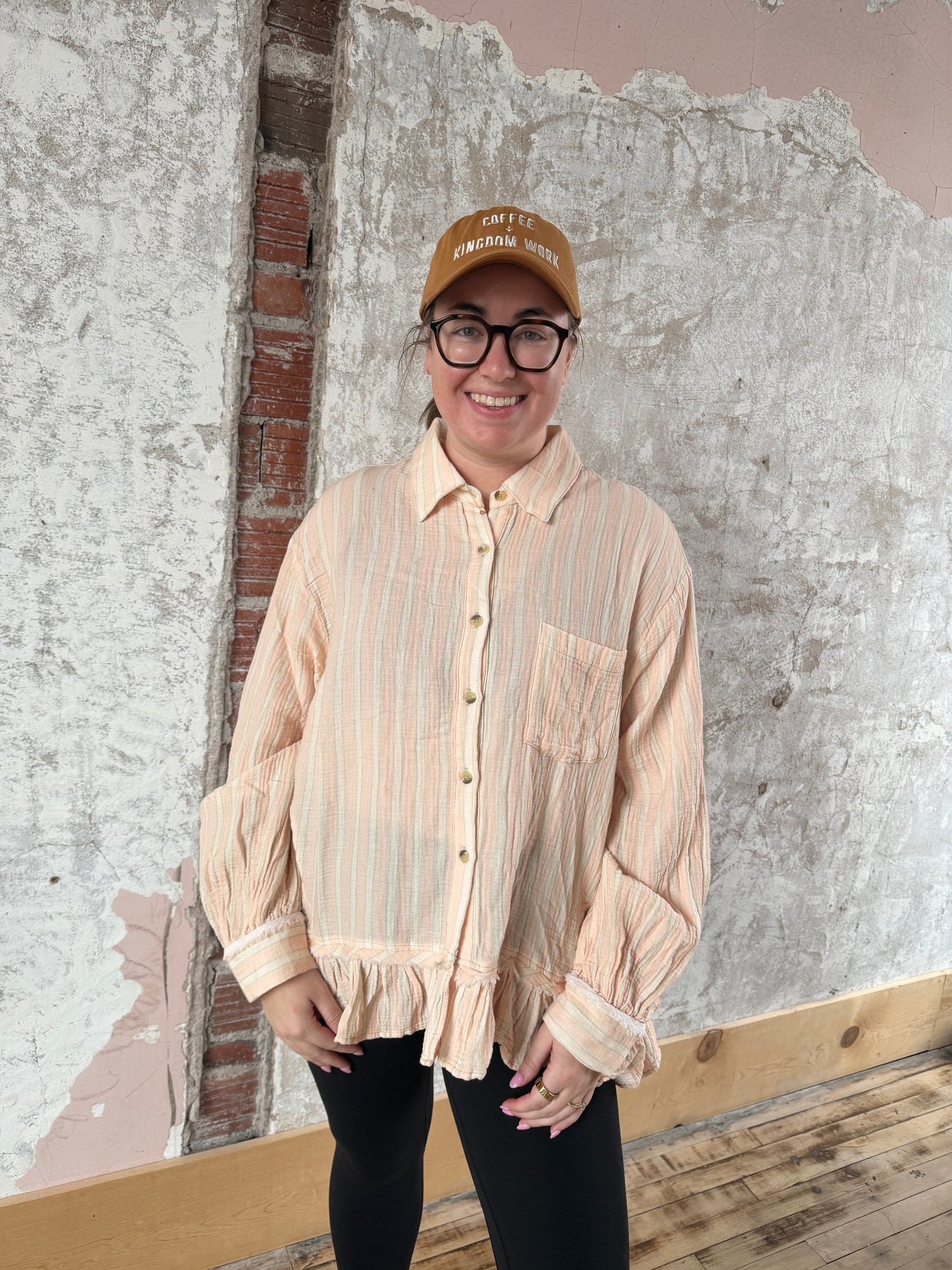 Peach Ruffle Button Down