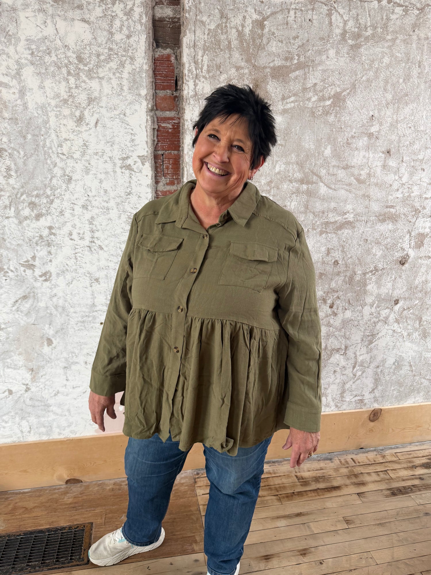 Womens Linen Blend Peplum Button Up Shirt