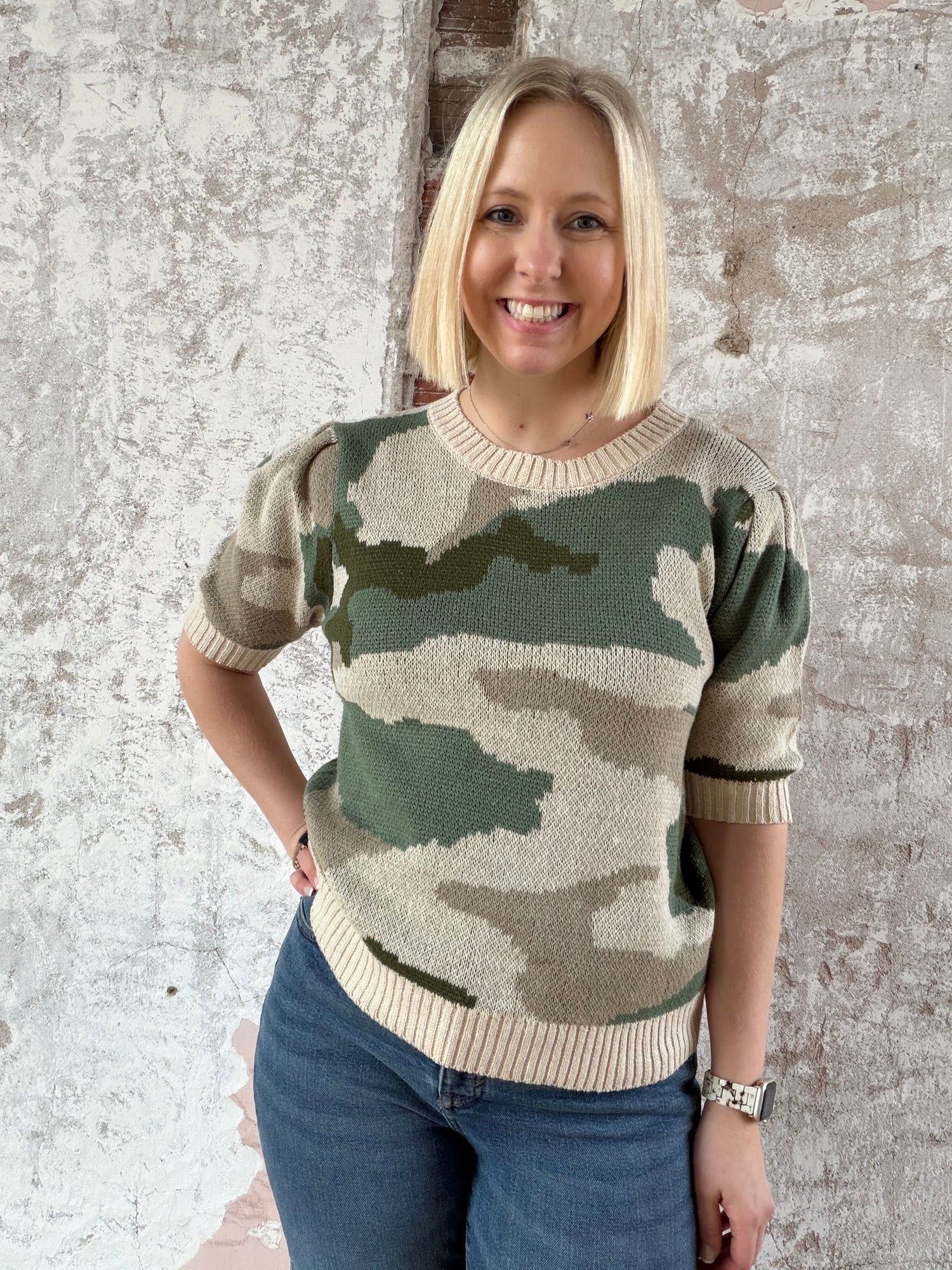 Camo Cable Knit Puff Sleeve Sweater Top (extended sizes!)