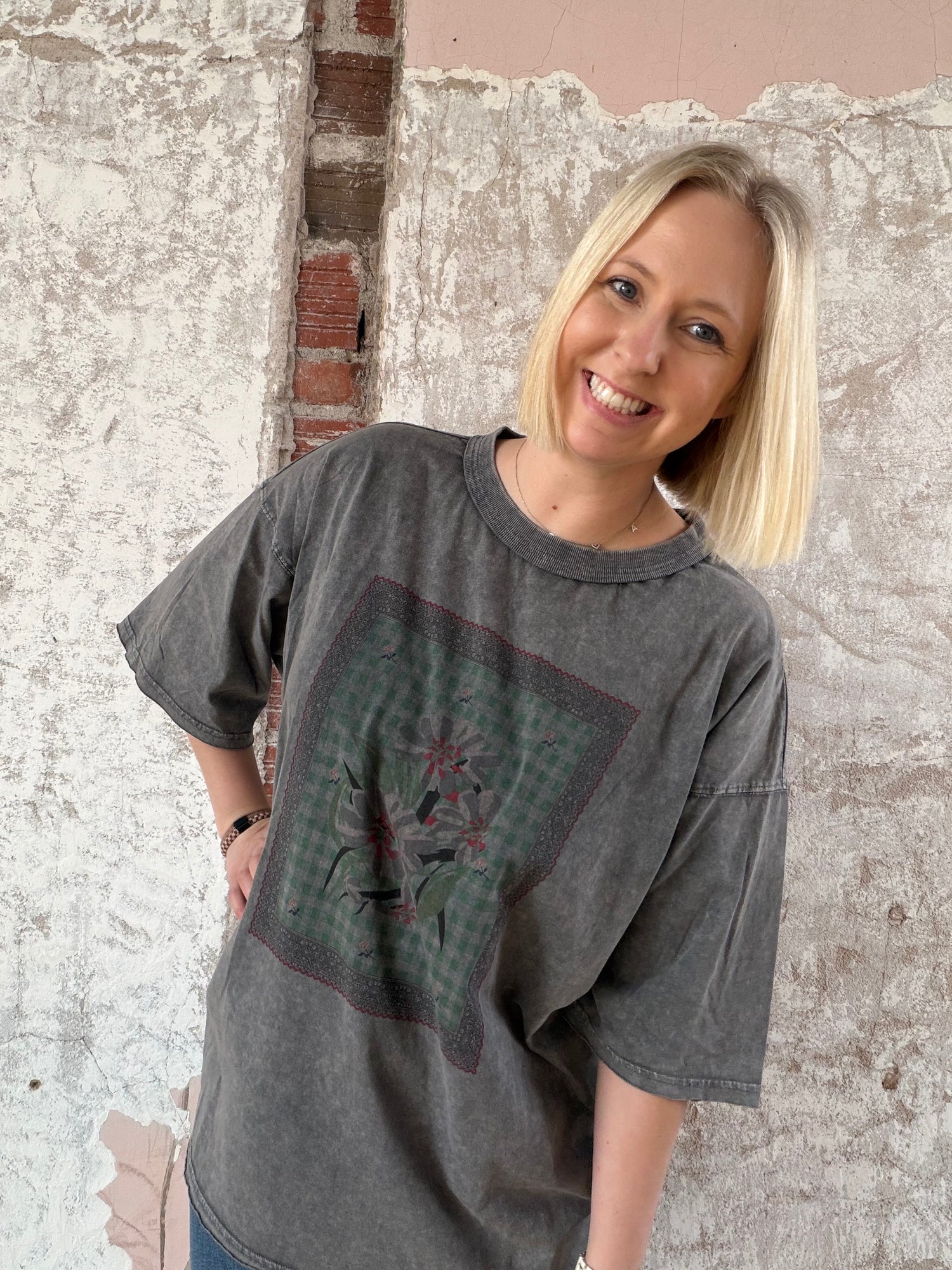 Washed Graphic Floral Patch Top (2 colors!)