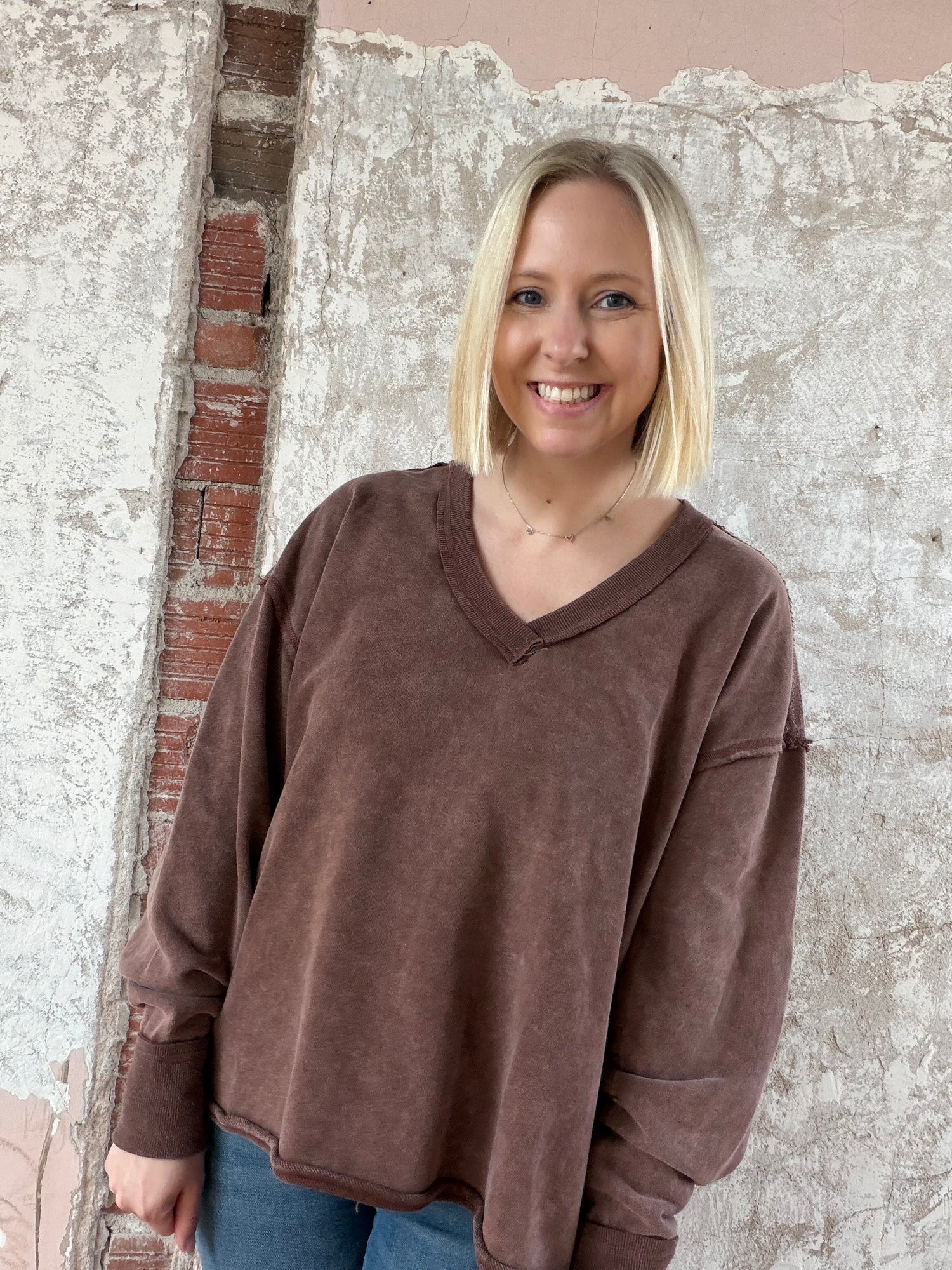 Washed Solid V Neck Loose Fit Top