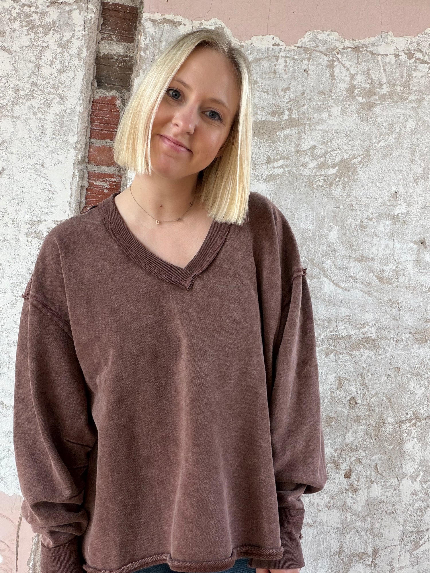 Washed Solid V Neck Loose Fit Top