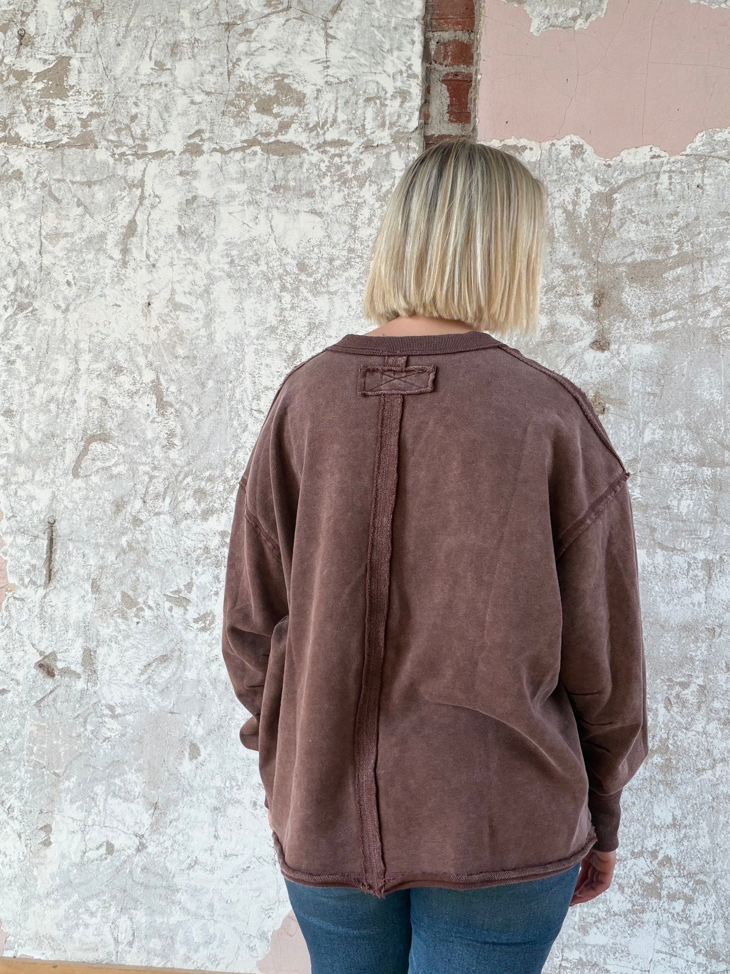 Washed Solid V Neck Loose Fit Top