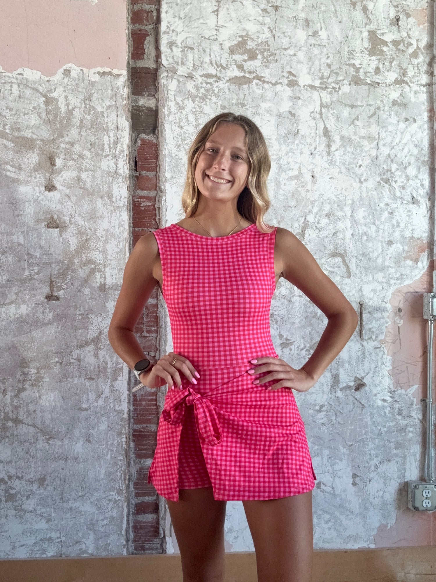 Gingham Print Sleeveless Wrap Tie Front Dress